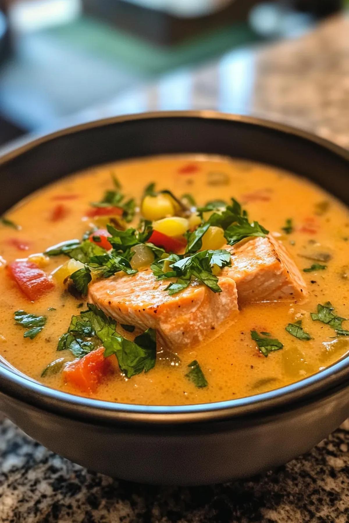A creamy slow cooker salmon chowder brimming with flaky salmon, tender potatoes, sweet corn, and random garden vegetables, garnished with fresh dill and a drizzle of lemon, served in a rustic bowl on a wooden table card