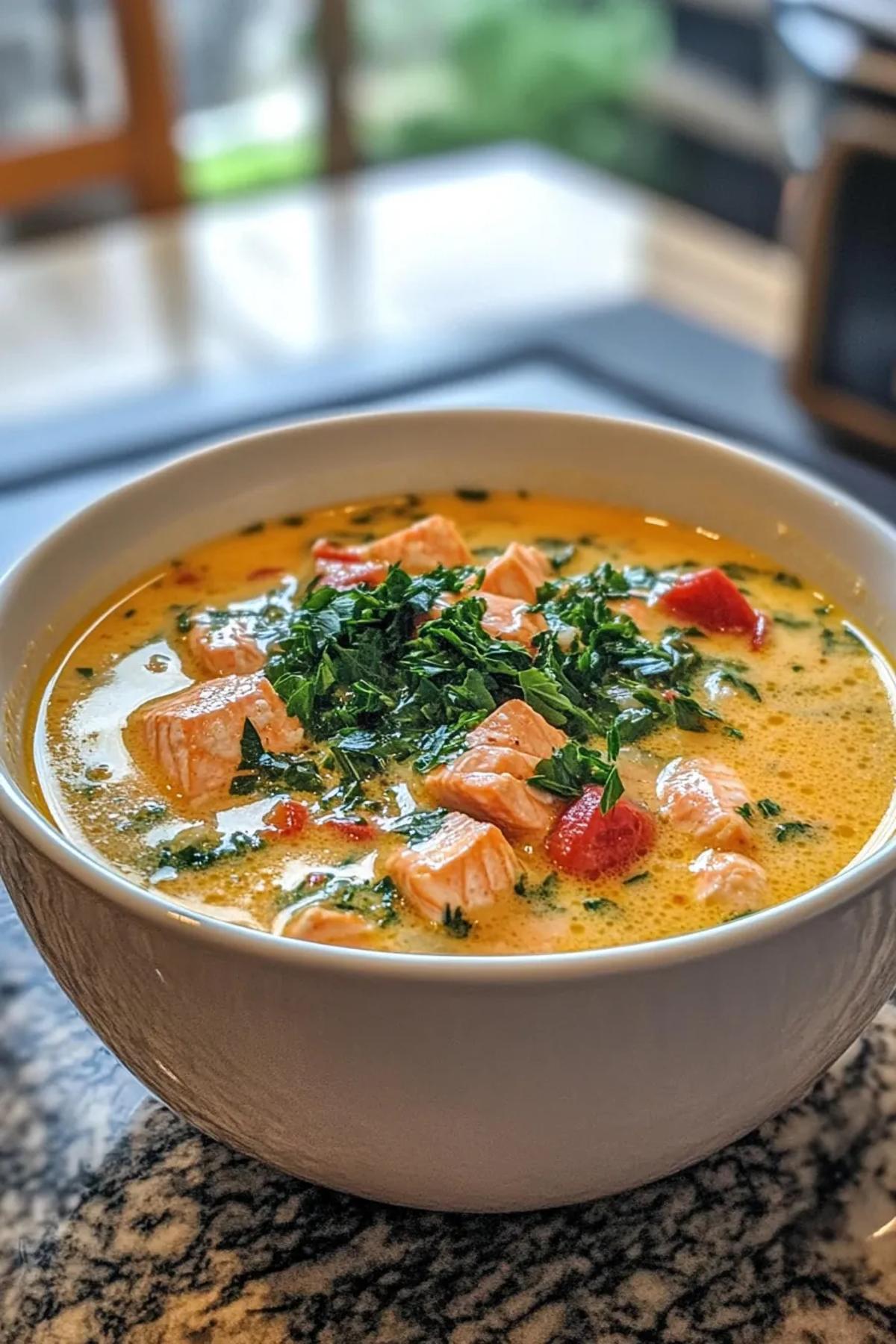 A creamy slow cooker salmon chowder brimming with flaky salmon, tender potatoes, sweet corn, and random garden vegetables, garnished with fresh dill and a drizzle of lemon, served in a rustic bowl on a wooden table
