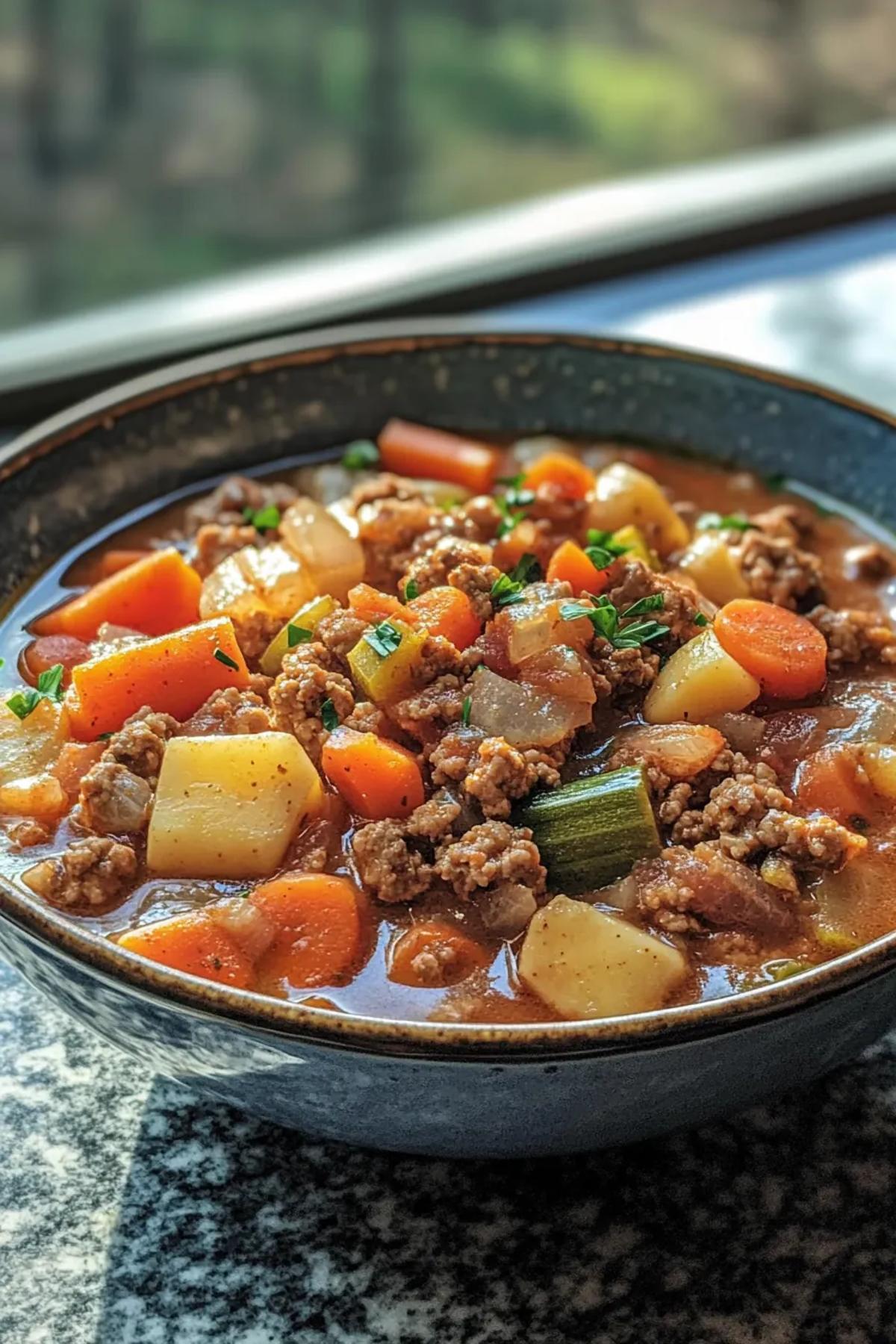 A steaming bowl of slow cooker ground turkey stew, brimming with golden carrots, tender potatoes, and a garnish of fresh parsley, presented on a rustic wooden table card