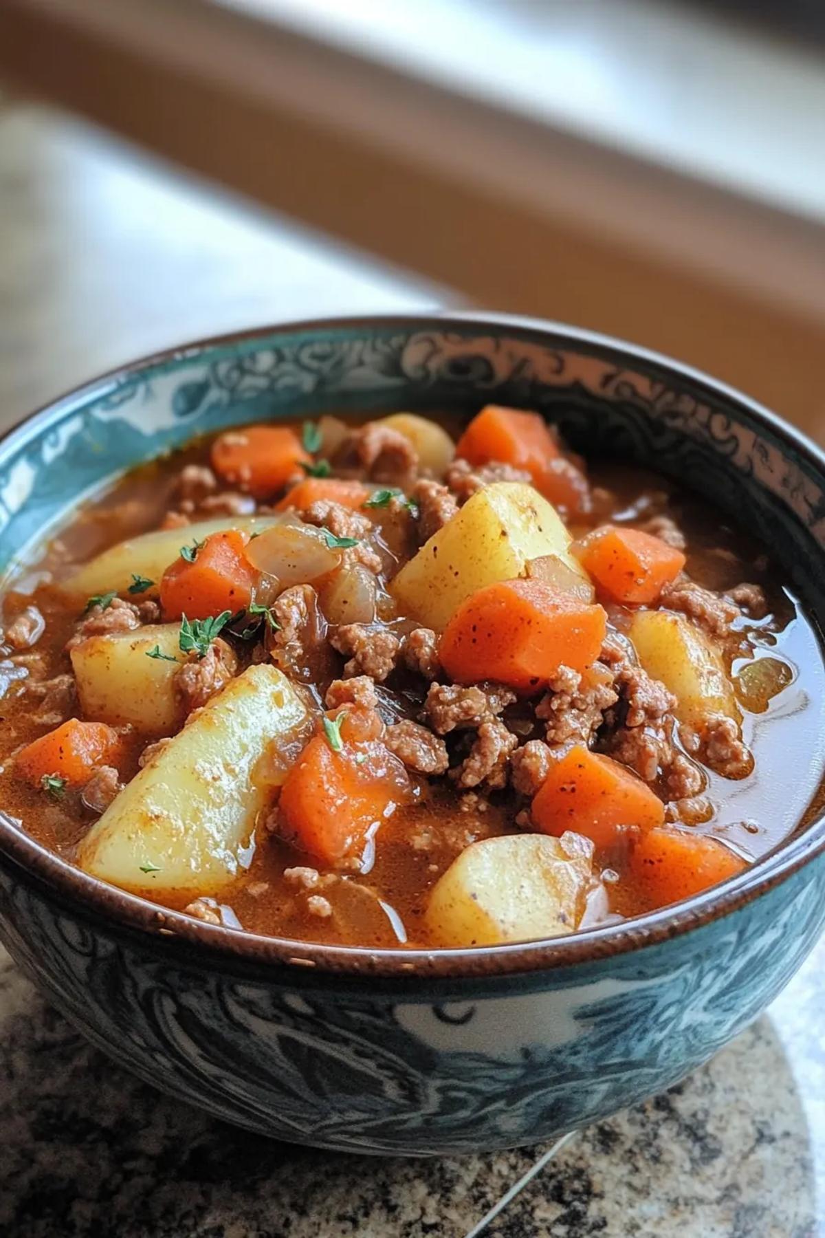 A steaming bowl of slow cooker ground turkey stew, brimming with golden carrots, tender potatoes, and a garnish of fresh parsley, presented on a rustic wooden table