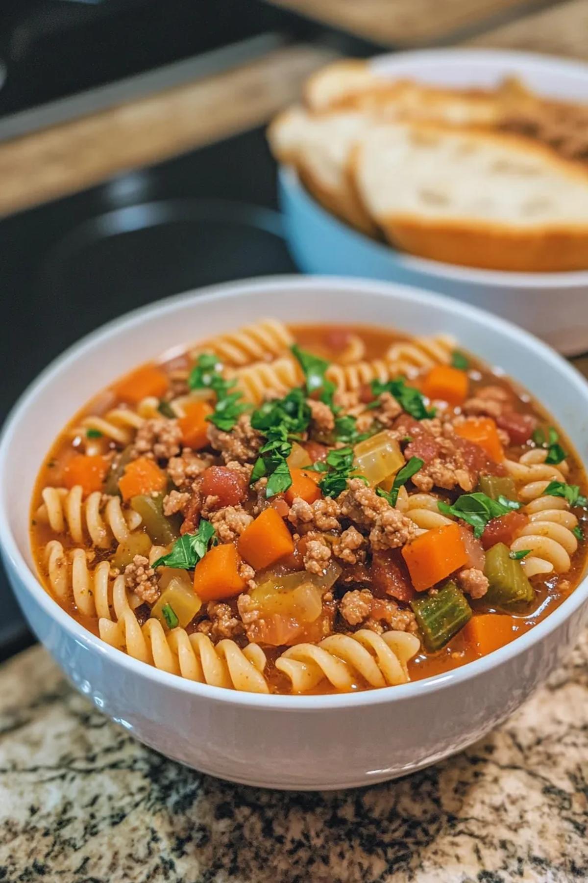 A steaming bowl of slow cooker pasta soup brimming with vibrant random vegetables, tender pasta curls, and a garnish of fresh basil on a rustic wooden table, inviting you to dive in. card