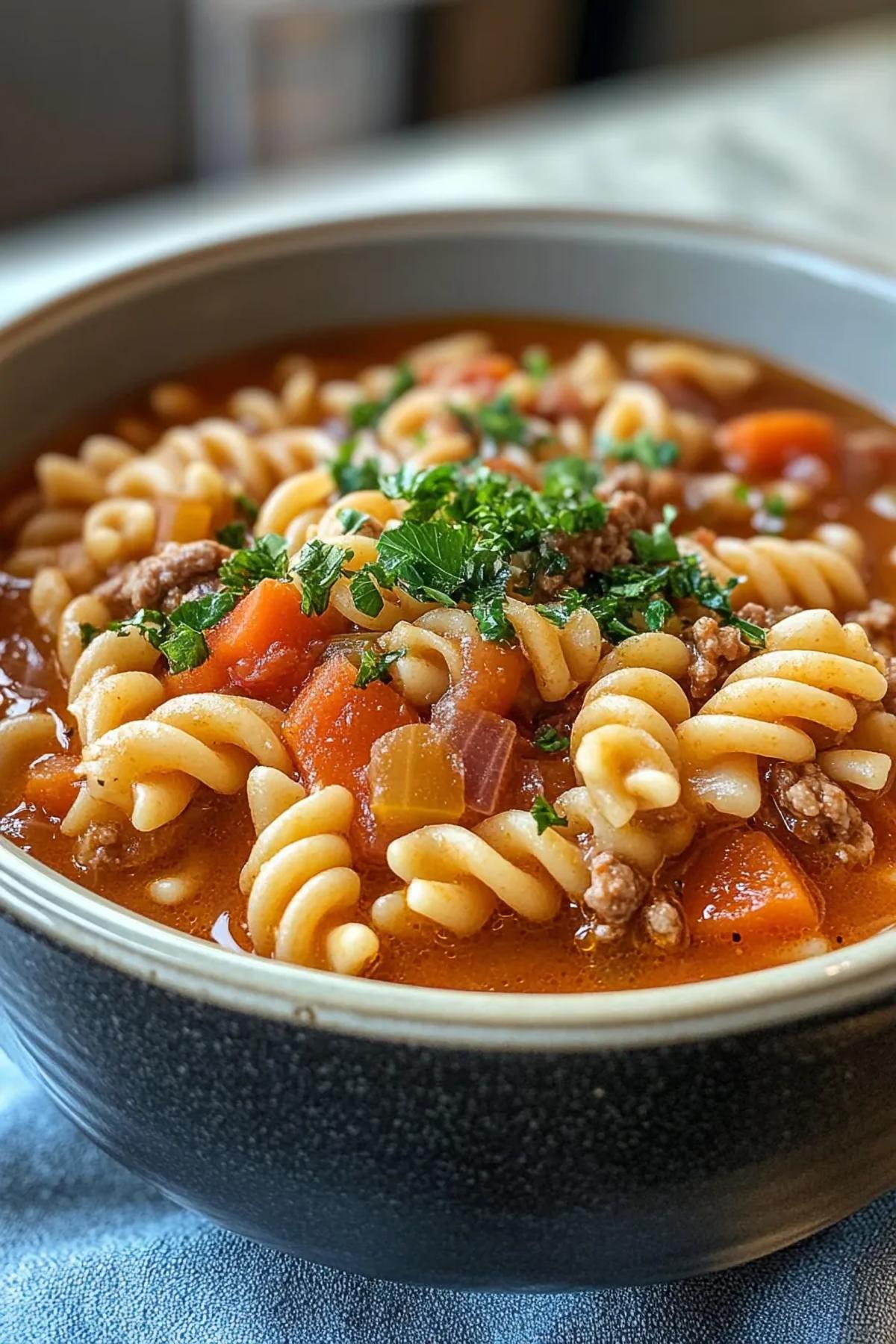 A steaming bowl of slow cooker pasta soup brimming with vibrant random vegetables, tender pasta curls, and a garnish of fresh basil on a rustic wooden table, inviting you to dive in.