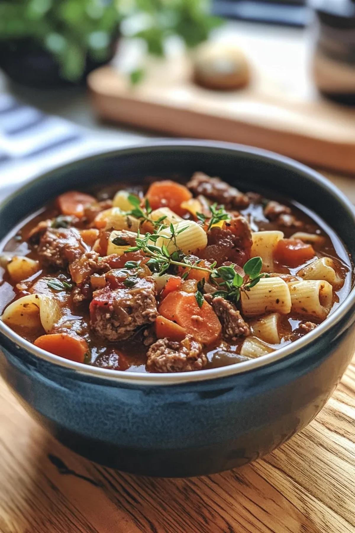 A steaming bowl of slow cooker stew with pasta, showcasing tender beef chunks, vibrant carrots, peas, and twirled pasta noodles, garnished with fresh parsley on a rustic wooden table. card
