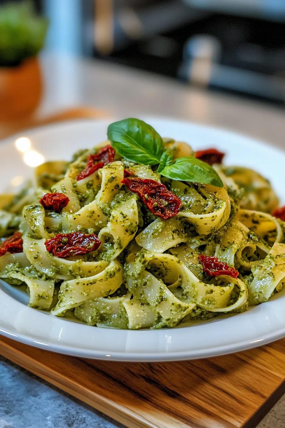 Creamy basil pesto pasta with sun-dried tomatoes in a rustic bowl. card