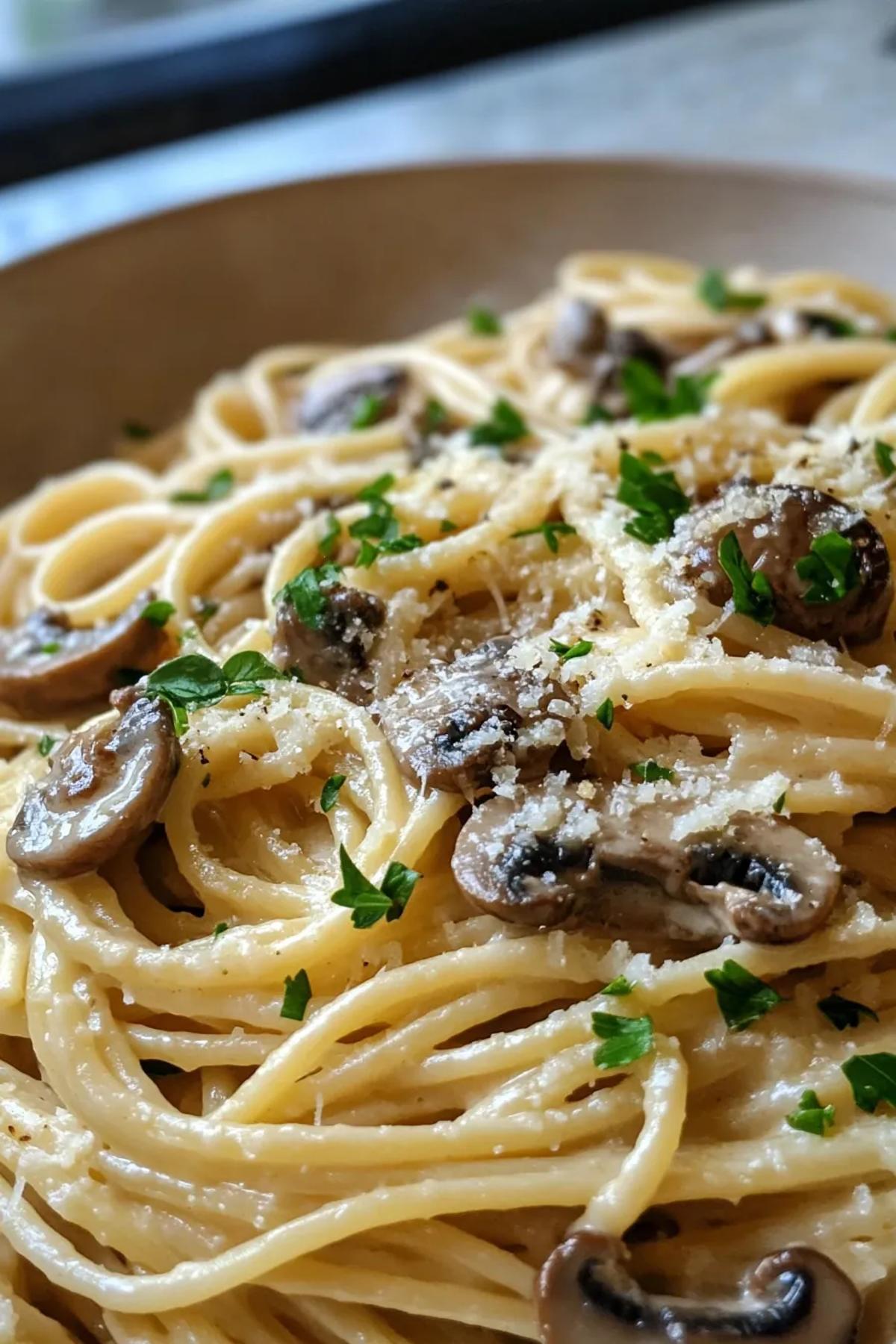 Creamy garlic mushroom pasta served in a rustic bowl, garnished with fresh parsley and parmesan, showcasing a rich creamy pasta pan sauce. card