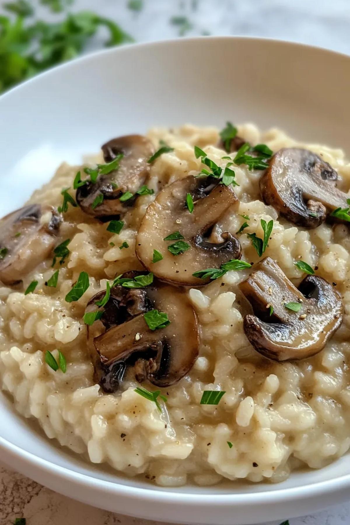 A bowl of creamy garlic mushroom risotto topped with fresh herbs, showcasing the rich and velvety texture of the gluten free mushroom dish.