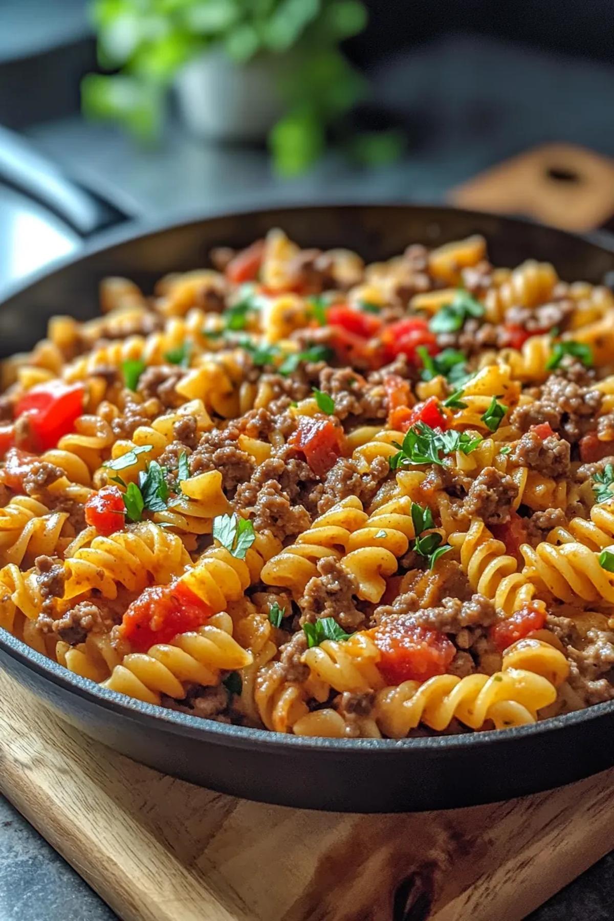 A hearty creamy ground beef pasta skillet, showcasing tender pasta enveloped in a luscious sauce, garnished with fresh parsley and a sprinkle of parmesan cheese.