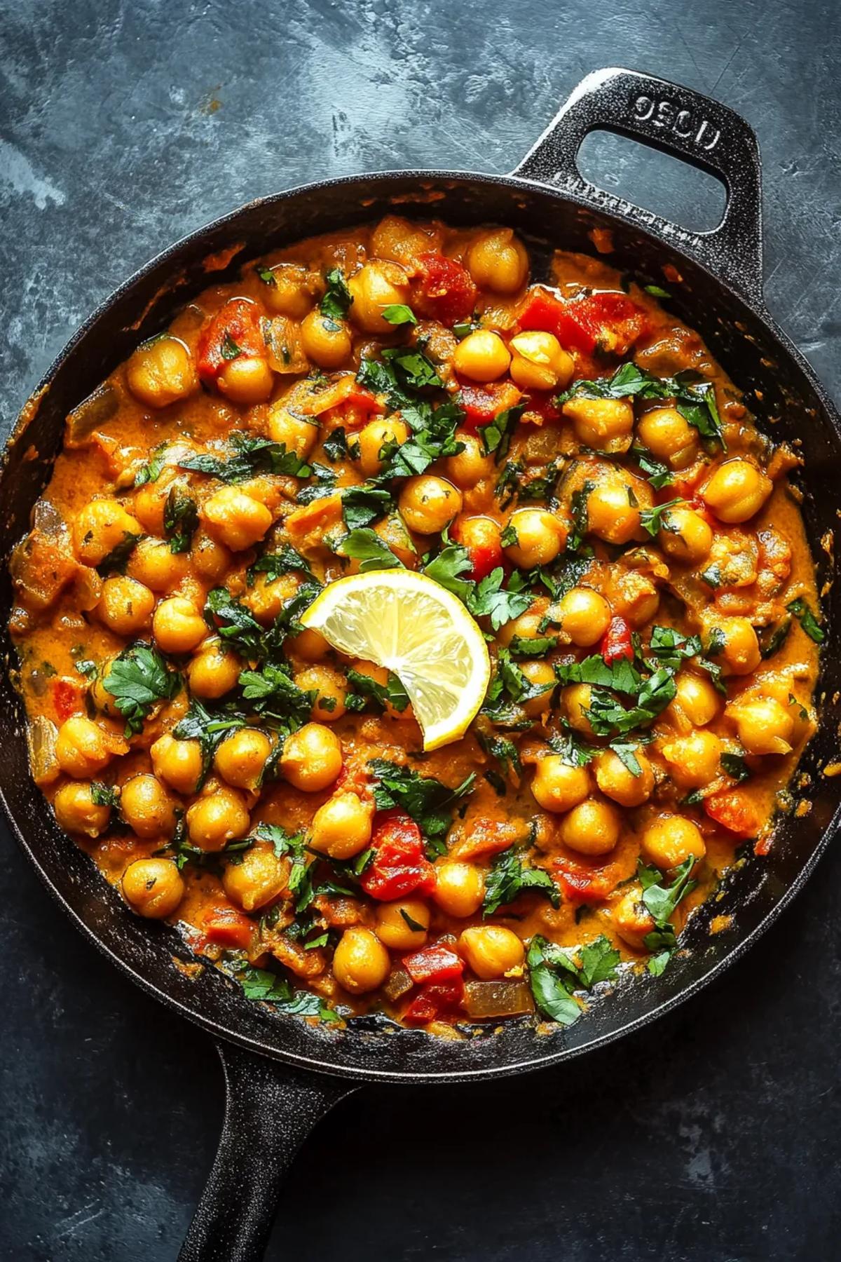 A vibrant creamy lemon chickpea skillet, brimming with colorful vegetables and garnished with fresh herbs, served in a rustic cast-iron skillet. card