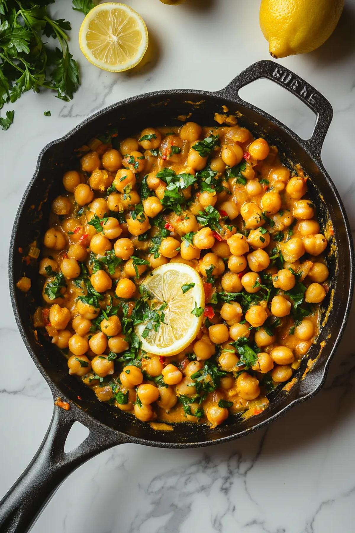 A vibrant creamy lemon chickpea skillet, brimming with colorful vegetables and garnished with fresh herbs, served in a rustic cast-iron skillet.