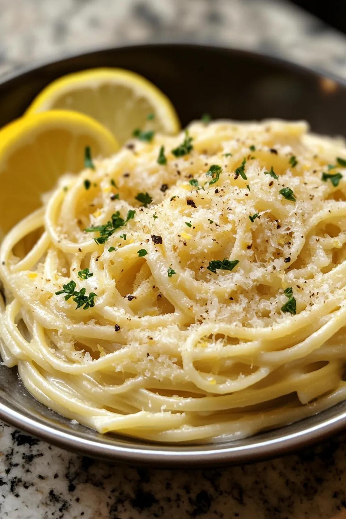 A bowl of creamy lemon garlic pasta garnished with parsley and lemon zest. card
