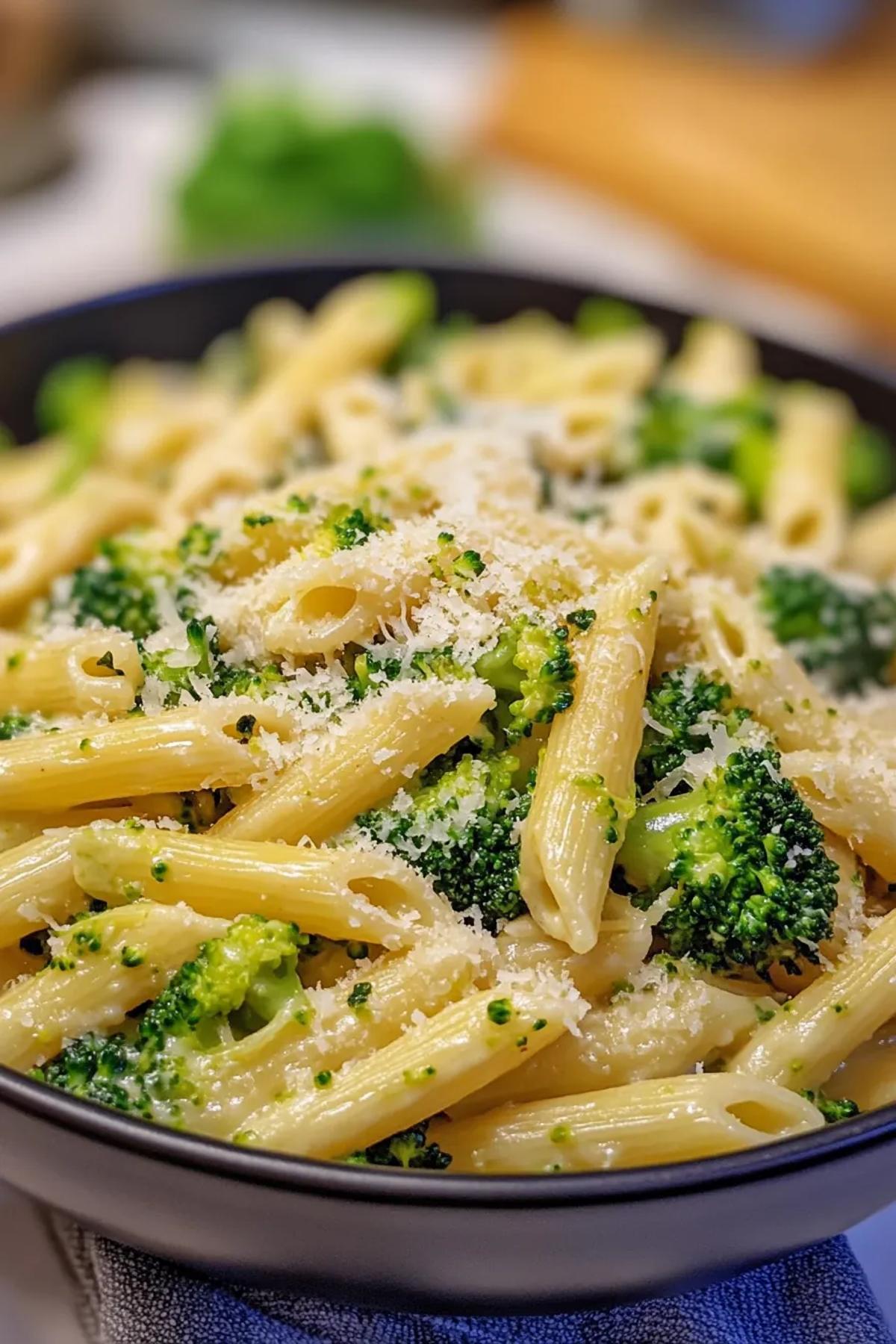 Delicious one pot broccoli pasta featuring vibrant green broccoli florets and creamy sauce, garnished with fresh Parmesan and black pepper.