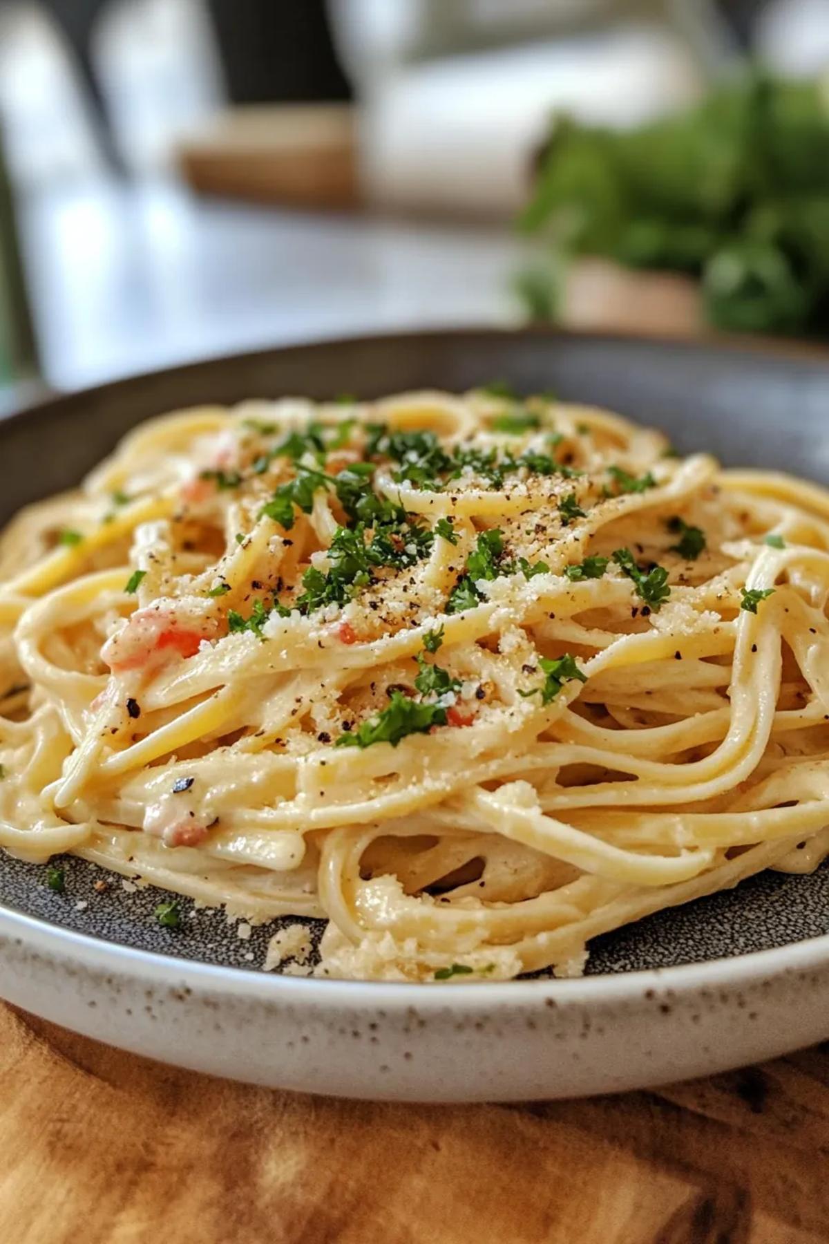 A delectable bowl of one pot miso mascarpone pasta nyt, featuring creamy sauce, fresh herbs, and a sprinkle of parmesan, served in a rustic ceramic dish. card