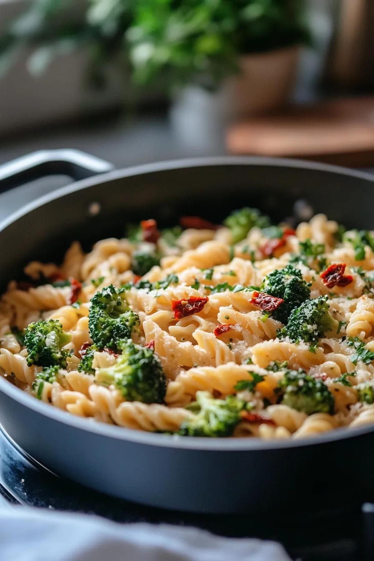 A delicious creamy one pot pasta recipe with broccoli and sun-dried tomatoes, served in a rustic bowl garnished with fresh basil.