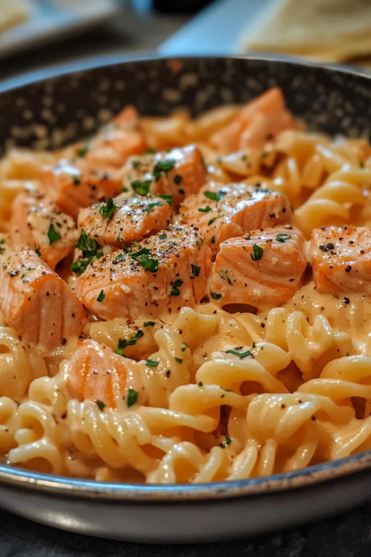 A bowl of creamy salmon pasta garnished with fresh herbs and lemon zest card