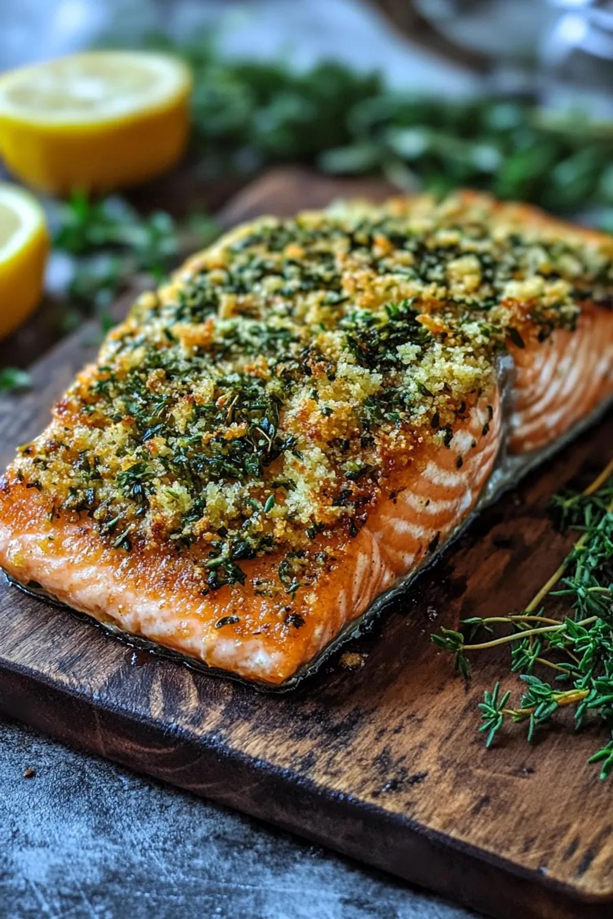 Crispy air-fried salmon fillet with a golden lemon herb crust, garnished with fresh parsley and lemon slices. card