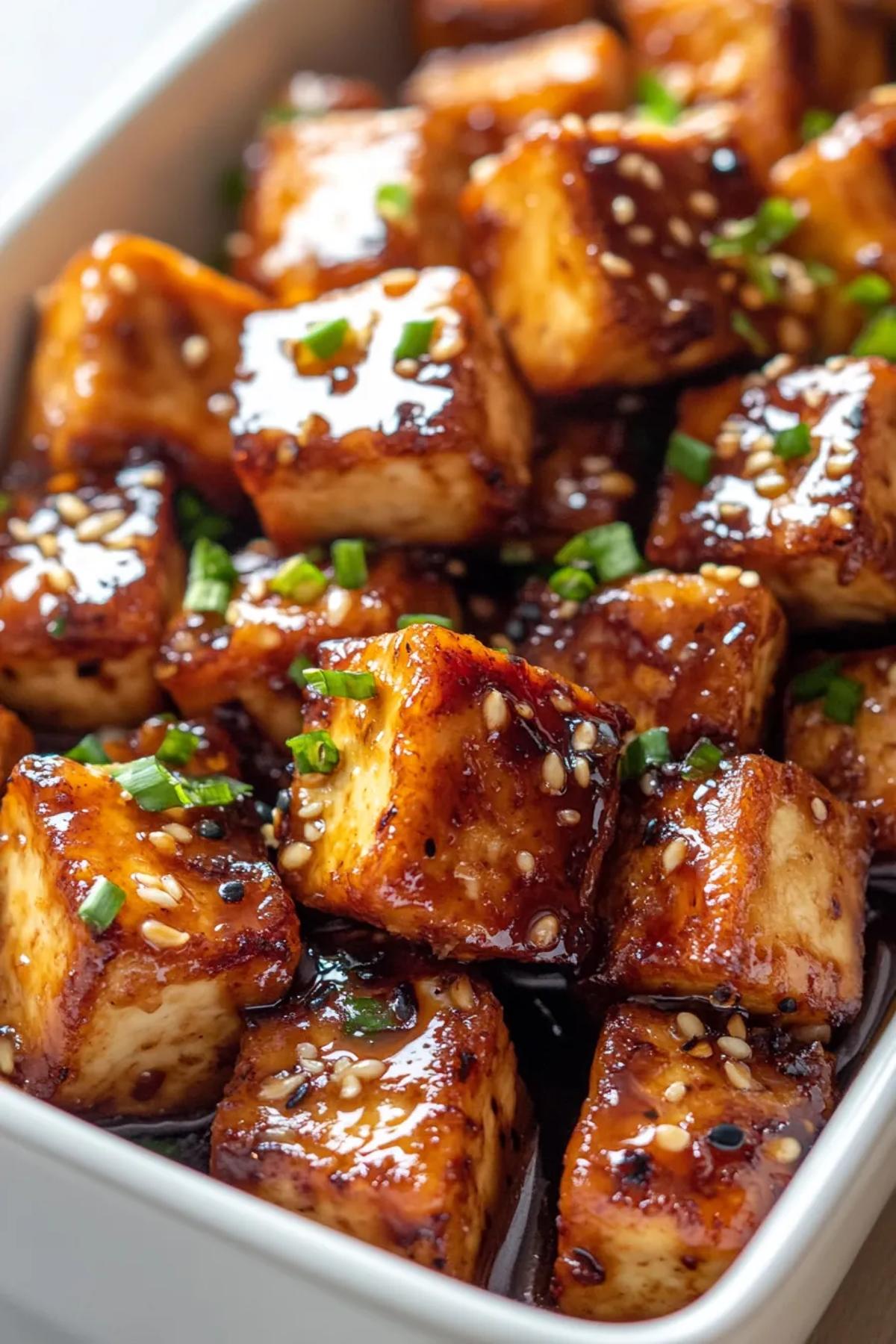 Golden air fried tofu bites served on a ceramic platter, glistening with a garlic soy glaze and garnished with fresh scallions and sesame seeds. card