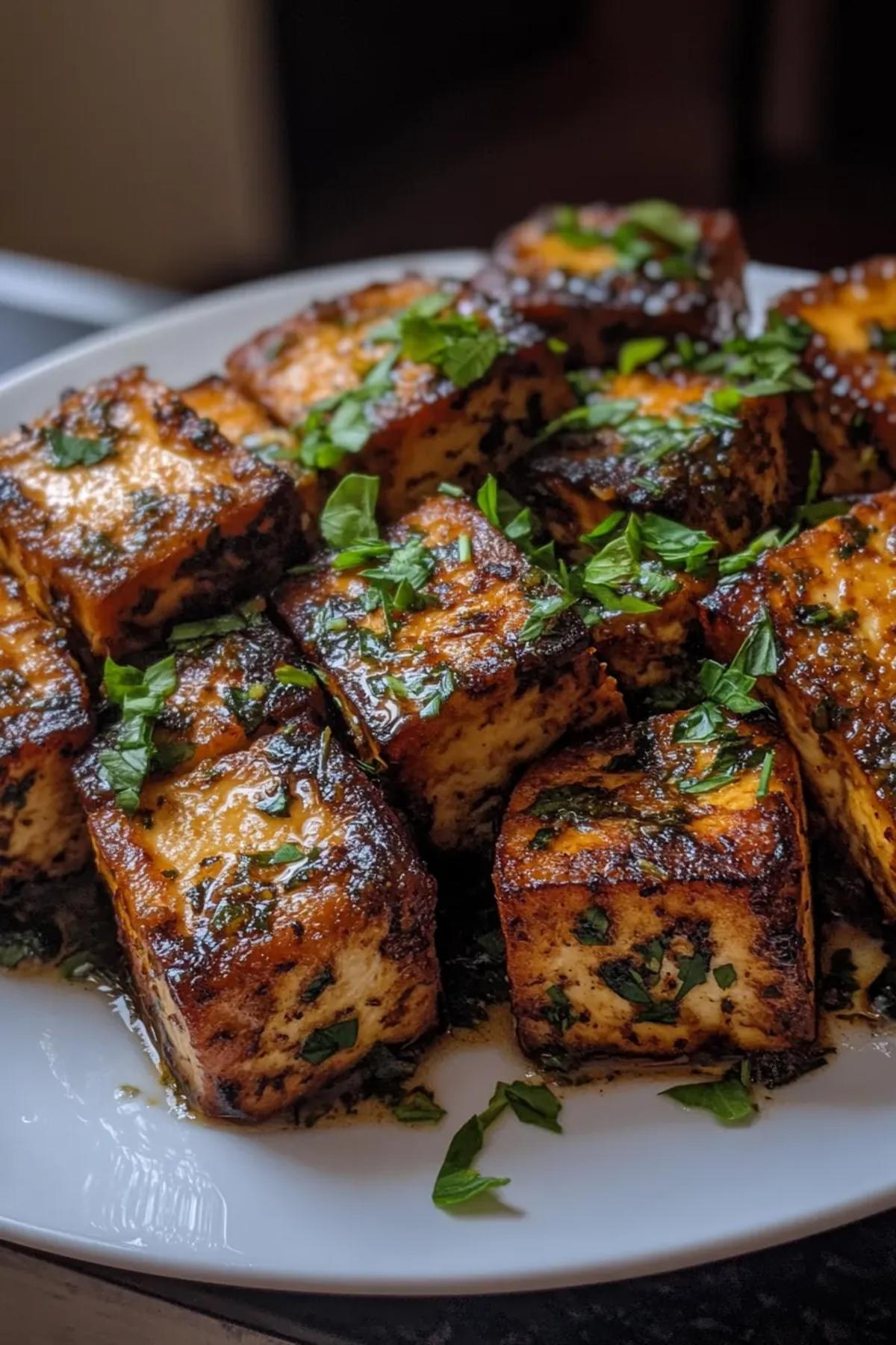 Golden crispy tofu cubes with a herb-infused marinade, garnished with fresh herbs and lime wedges. card