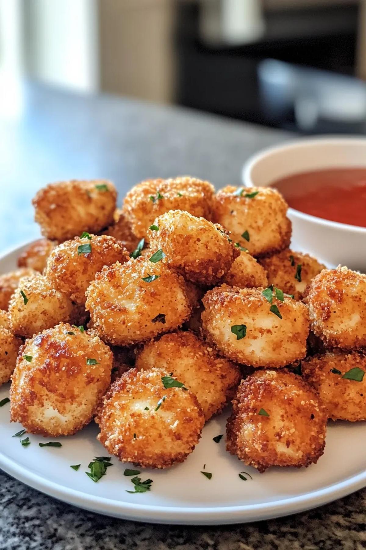 Golden brown air fryer breaded halloumi bites displayed on a rustic platter, garnished with fresh herbs and a side of tangy dipping sauce. card