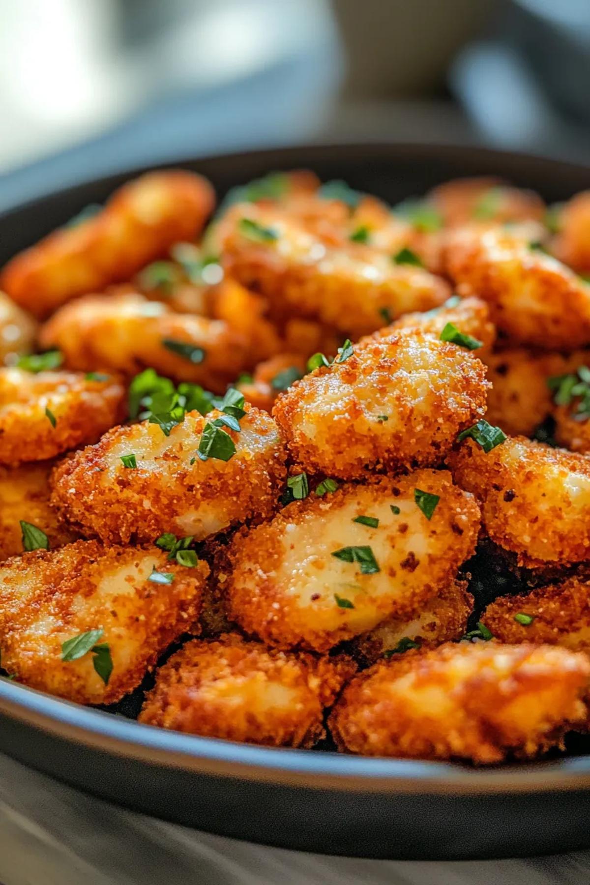 Golden brown air fryer breaded halloumi bites displayed on a rustic platter, garnished with fresh herbs and a side of tangy dipping sauce.