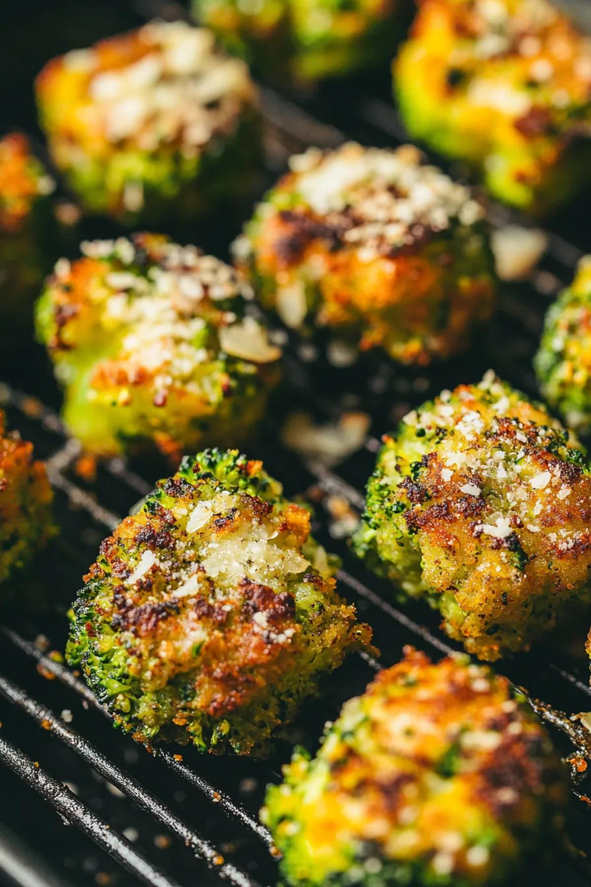 Crispy air fryer broccoli bites, golden brown and garnished with fresh parsley, served on a rustic plate with a side of dipping sauce. card