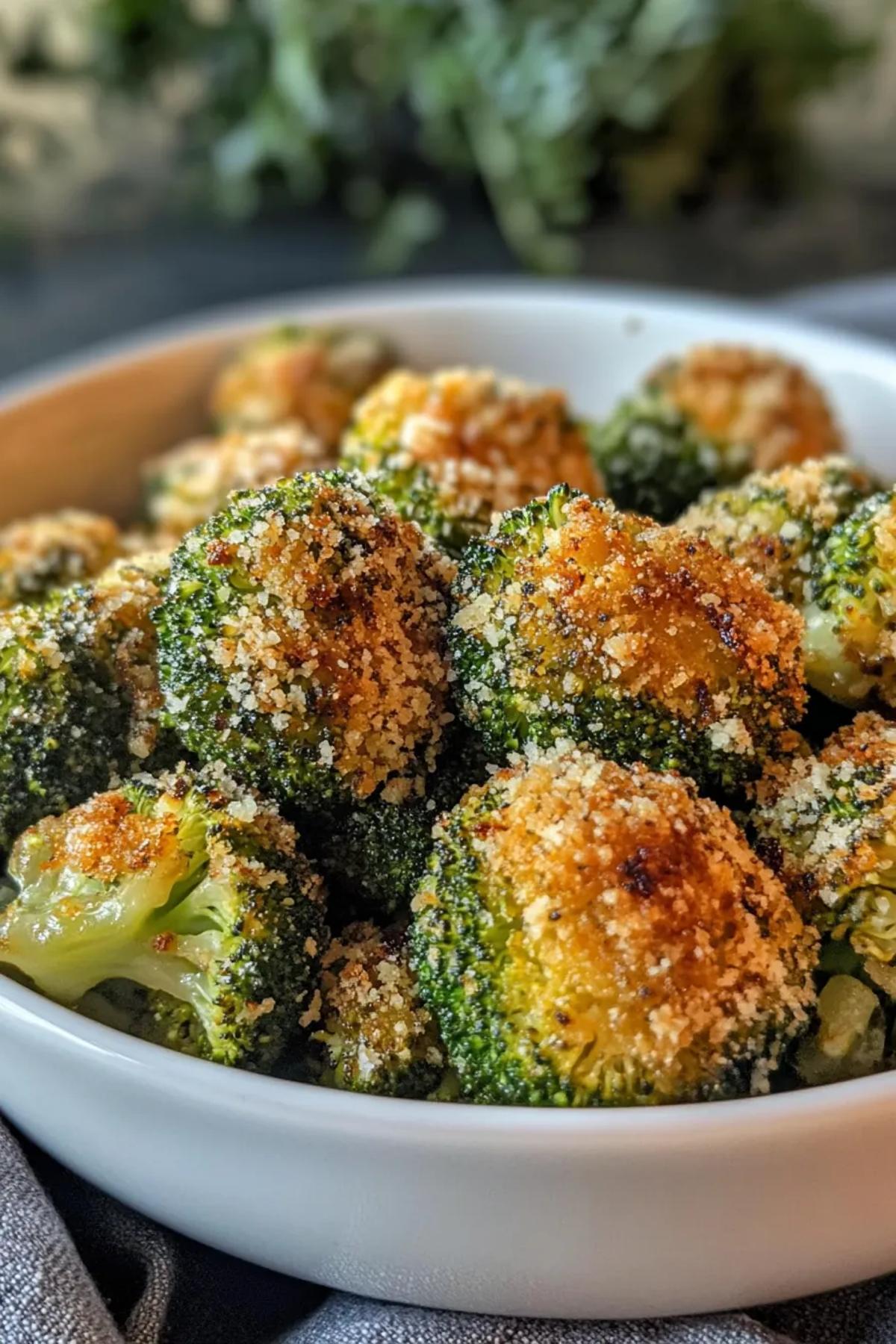 Crispy air fryer broccoli bites, golden brown and garnished with fresh parsley, served on a rustic plate with a side of dipping sauce.