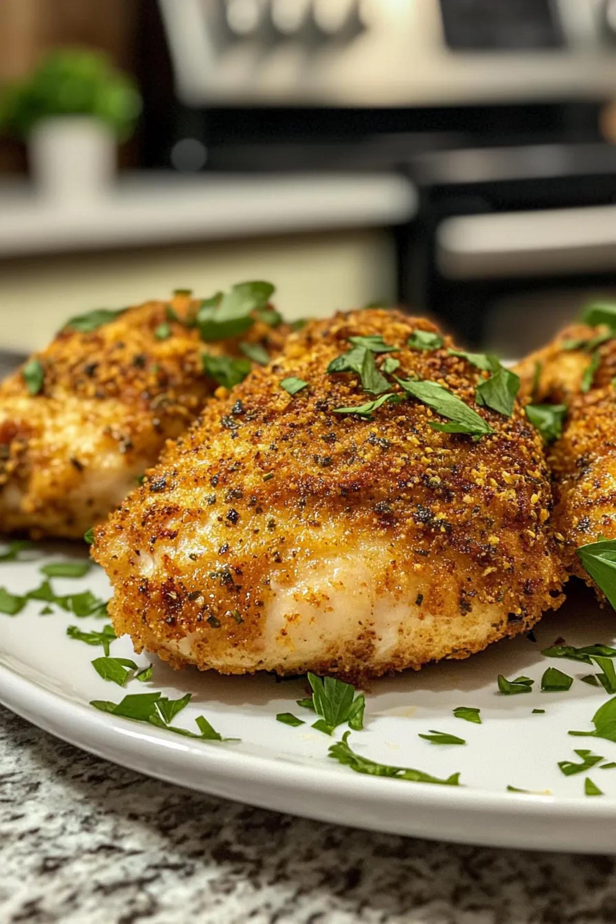 Crispy air fryer chicken with a zesty herb crust, garnished with fresh herbs on a wooden board. card
