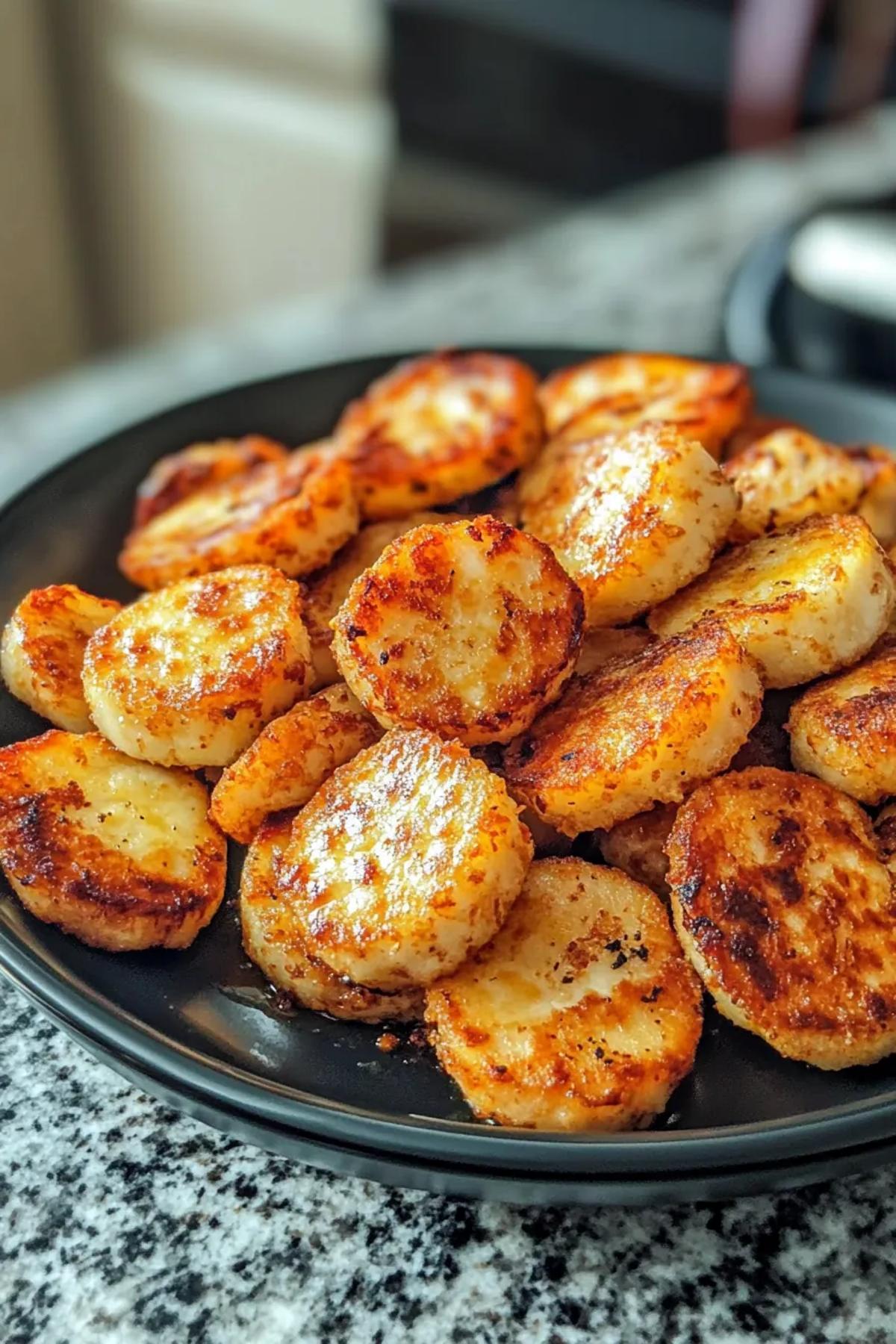 Golden brown air fryer halloumi bites, garnished with fresh herbs, served with a tangy dipping sauce on a vibrant ceramic plate. card
