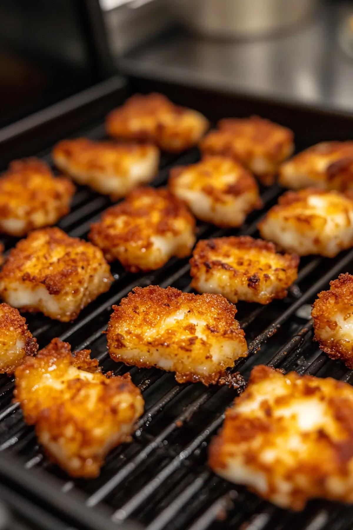 Golden brown air fryer halloumi bites, garnished with fresh herbs, served with a tangy dipping sauce on a vibrant ceramic plate.