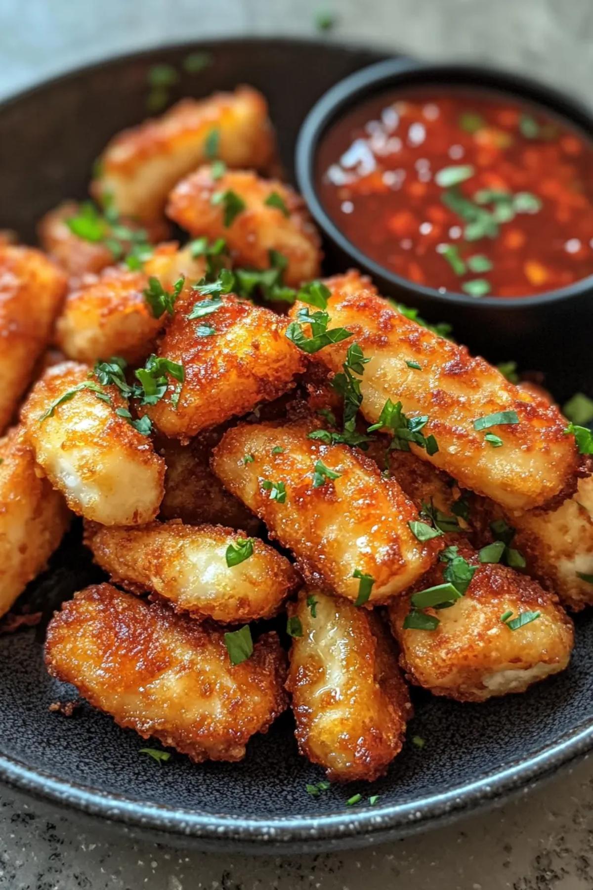 Golden brown air fryer halloumi bites drizzled with a glistening chilli honey sauce, garnished with fresh herbs and served on a rustic platter. card