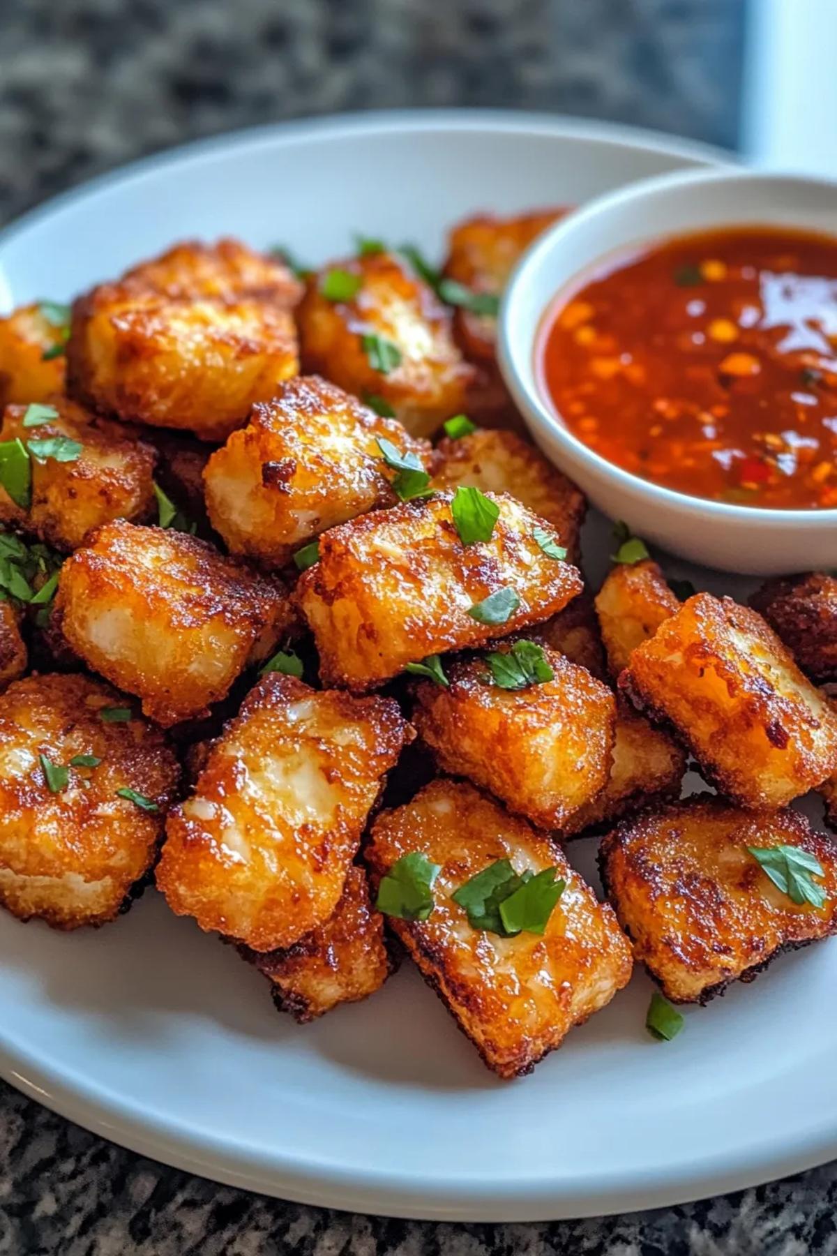 Golden brown air fryer halloumi bites drizzled with a glistening chilli honey sauce, garnished with fresh herbs and served on a rustic platter.