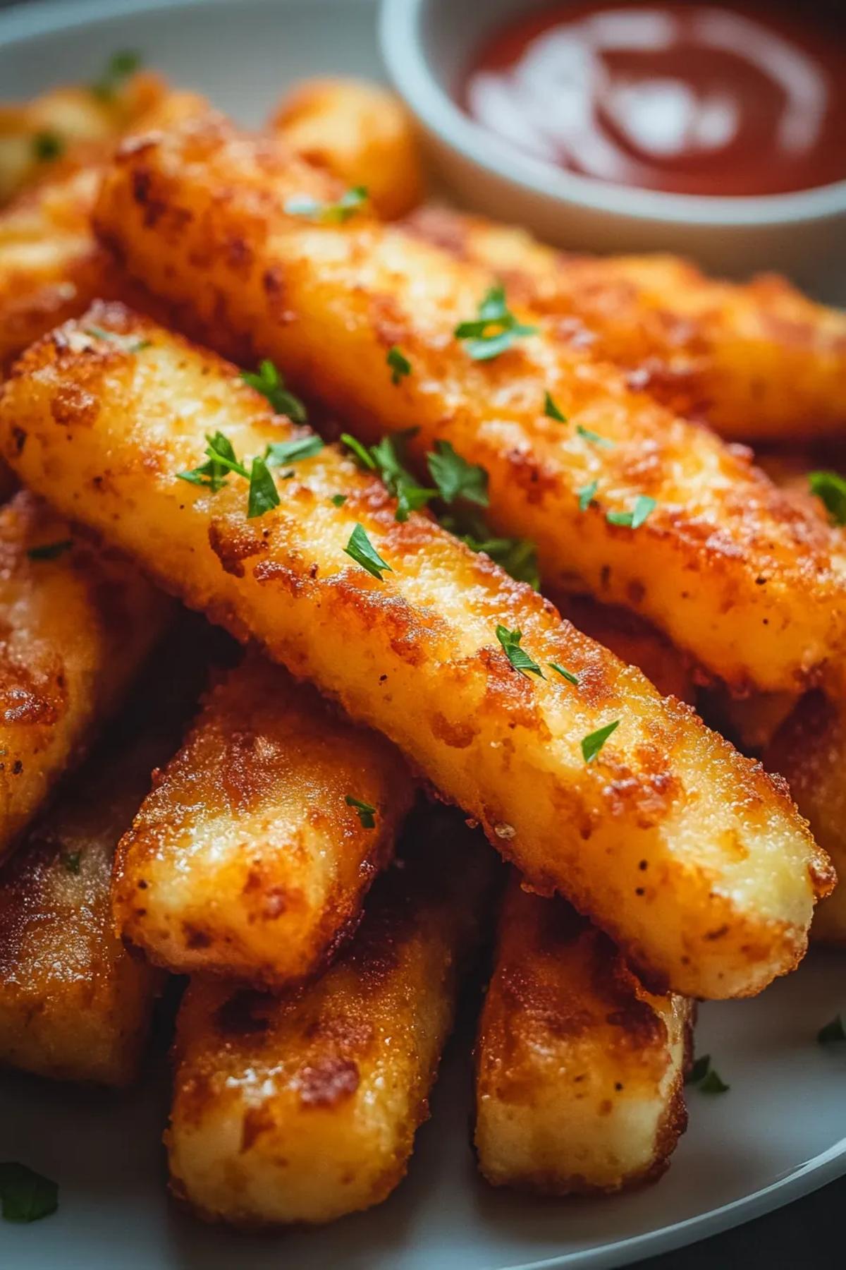 Golden brown air fryer halloumi cheese sticks served on a white plate with a side of marinara sauce, garnished with fresh herbs.