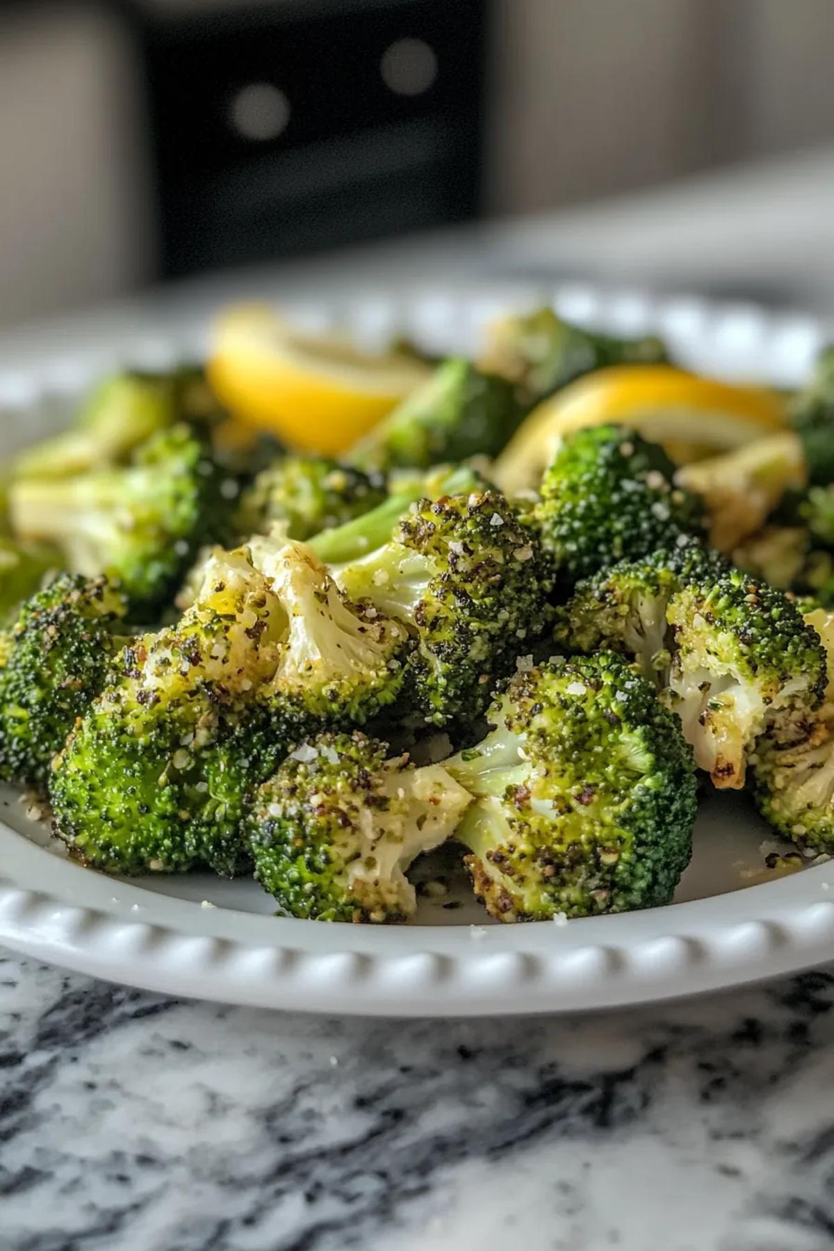 Crispy air fryer broccoli garnished with fresh lemon and herbs on a rustic wooden platter. card