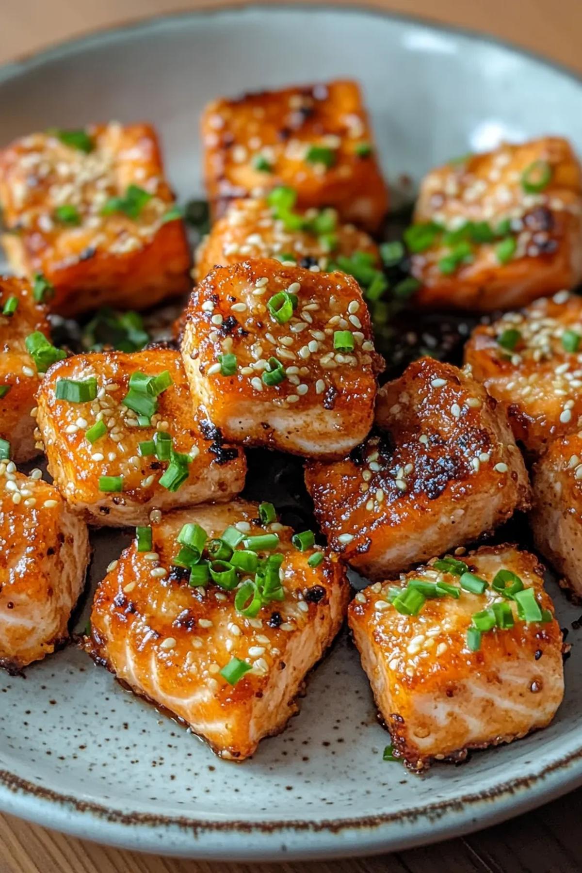 Golden brown air fryer miso salmon bites served with a side of fresh greens and lemon wedges, showcasing crispy edges and a vibrant, appetizing presentation. card