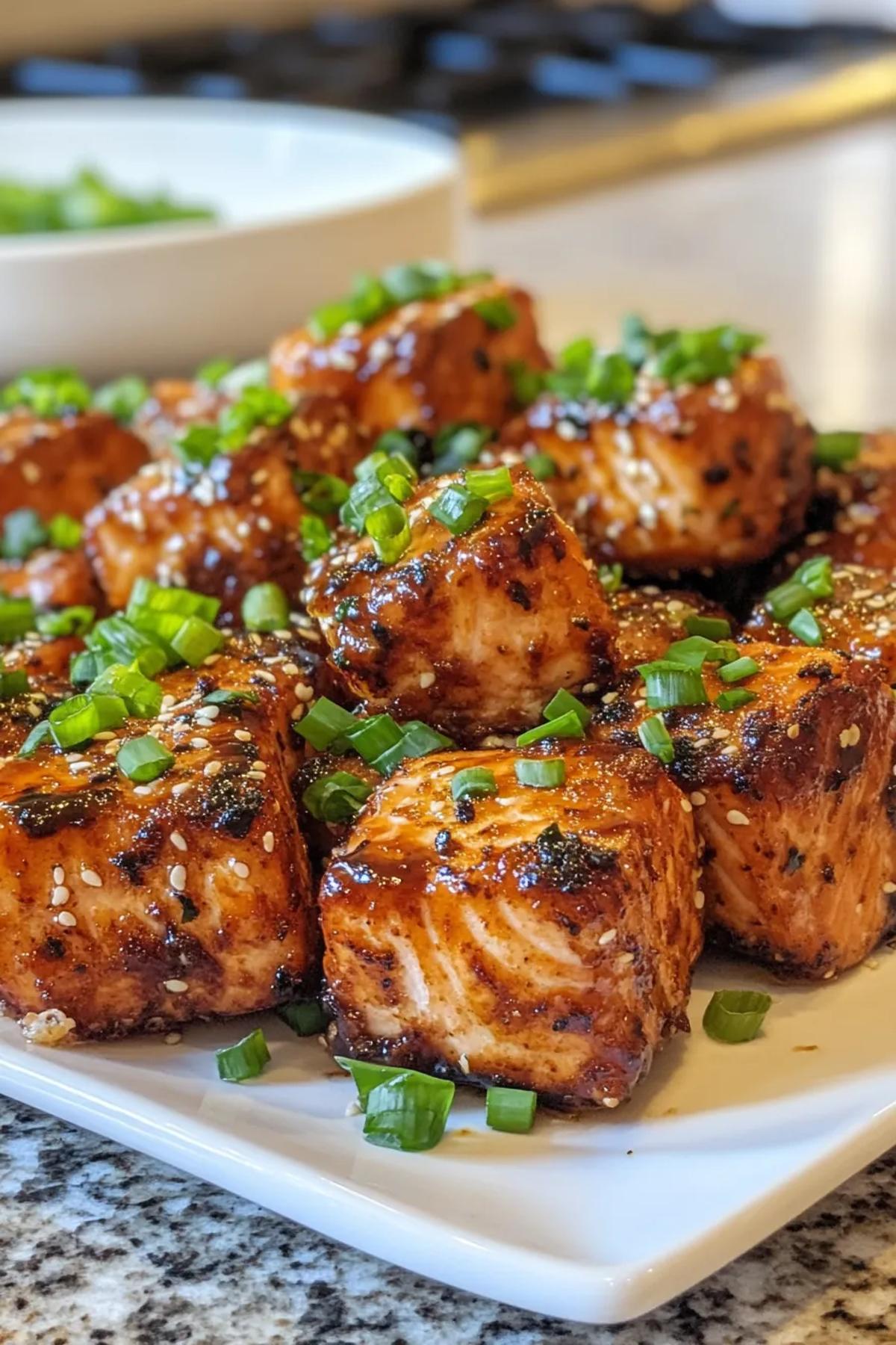 Golden brown air fryer miso salmon bites served with a side of fresh greens and lemon wedges, showcasing crispy edges and a vibrant, appetizing presentation.