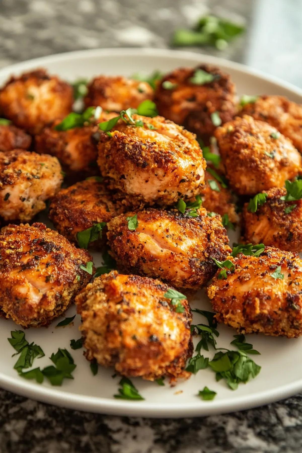 Golden‑brown air fryer salmon bites tossed with a random herb blend, served on a rustic wooden platter with lemon wedges and a sprinkle of sea salt, showcasing their crispy exterior and tender pink interior. card
