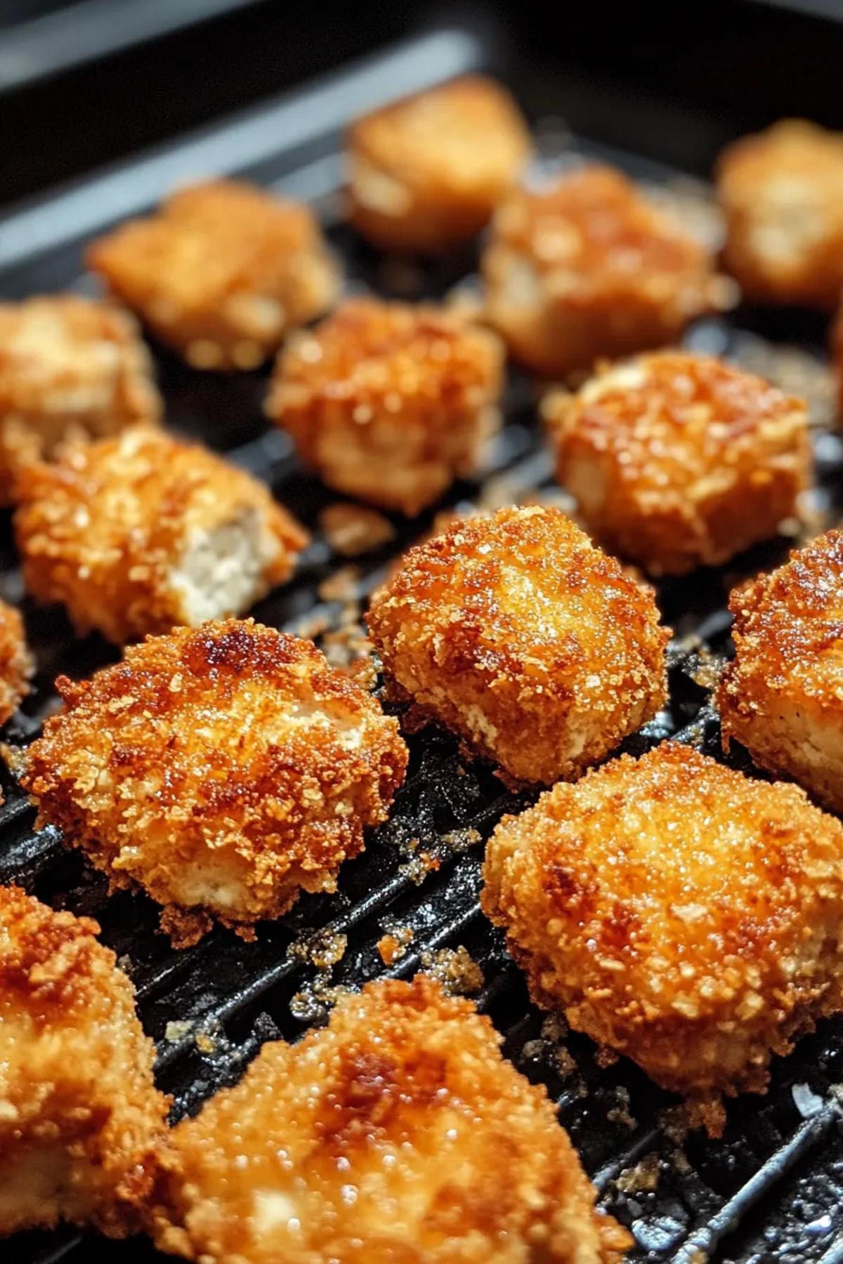 Golden crispy air fryer tofu nuggets presented on a rustic slate platter, garnished with fresh parsley and a side of tangy dipping sauce. card