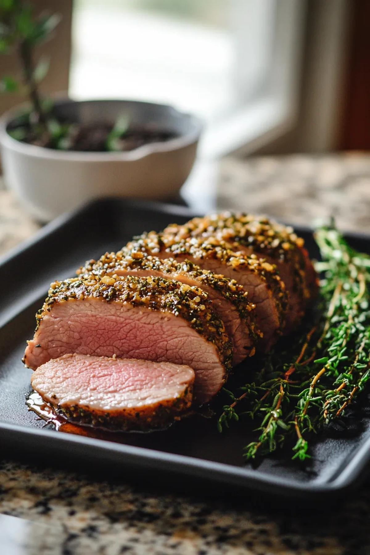 Crispy herb-crusted pork tenderloin drizzled with honey glaze, garnished with fresh rosemary. card