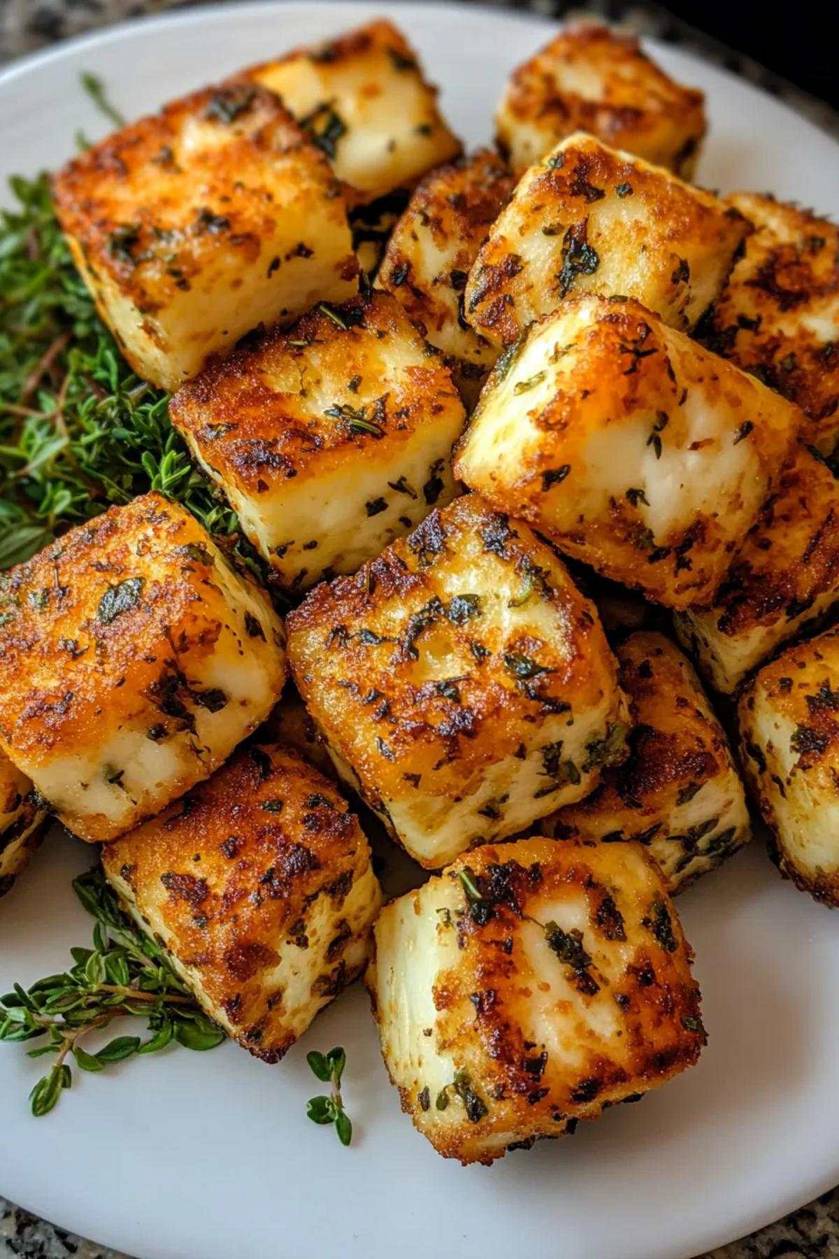 Golden brown ninja air fryer halloumi bites served on a white platter with a side of herby dip, garnished with fresh parsley and lemon wedges, creating a vibrant and appetizing display. card
