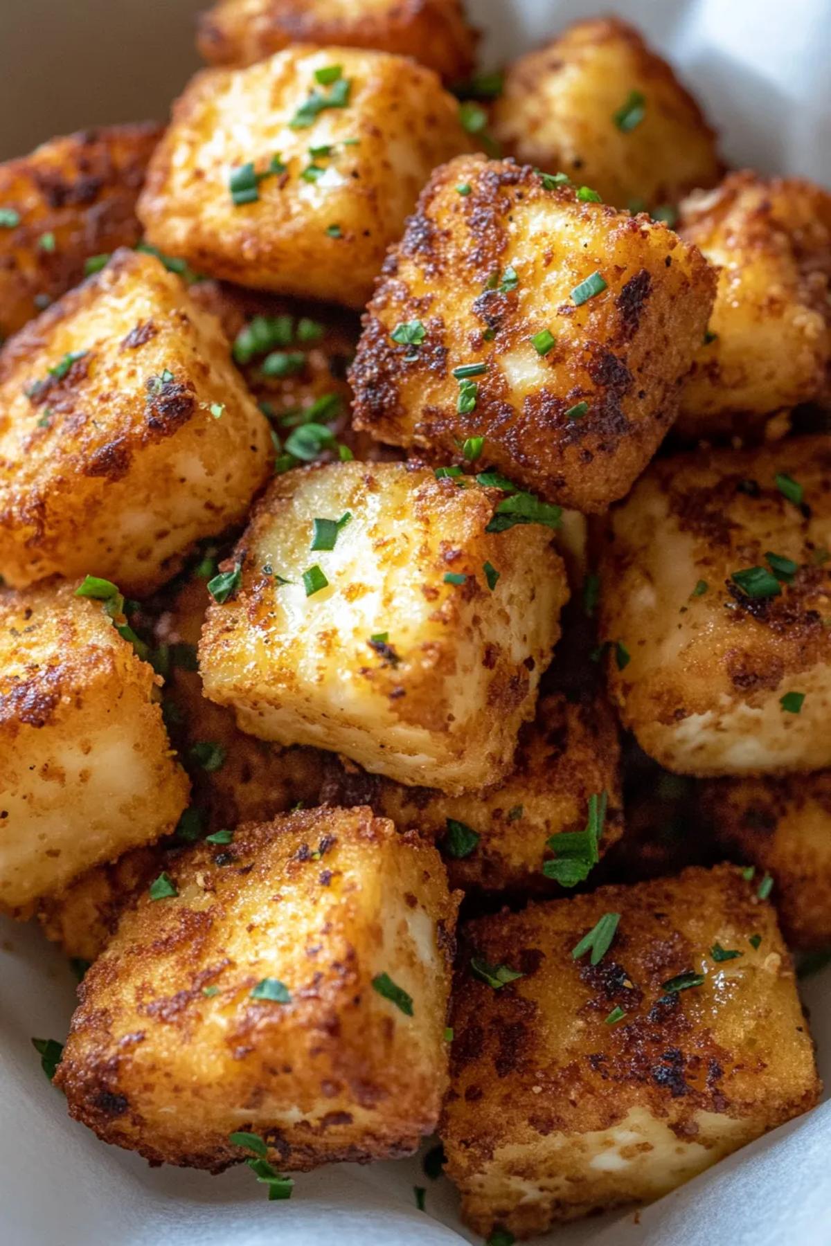 Golden brown ninja air fryer halloumi bites served on a white platter with a side of herby dip, garnished with fresh parsley and lemon wedges, creating a vibrant and appetizing display.