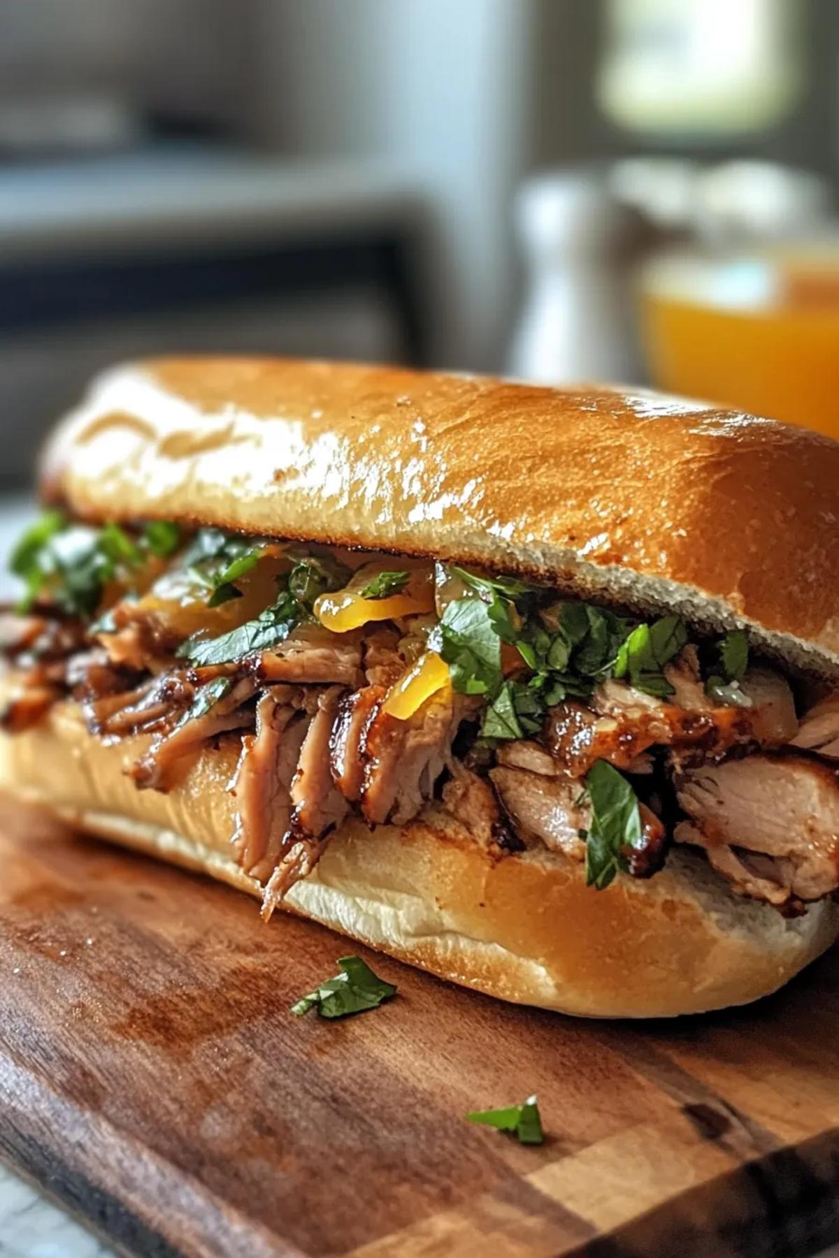 A Cuban sandwich with citrus-marinated pork, Swiss cheese, and pickles pressed and grilled to golden perfection. card