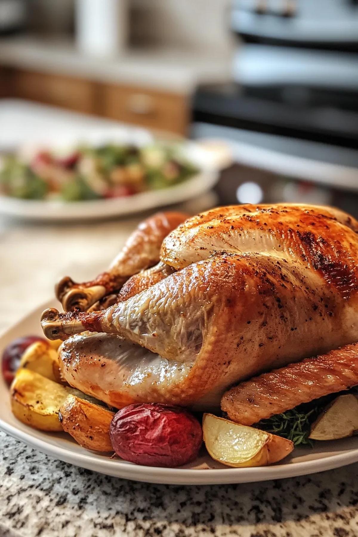 Golden brown, butter-basted turkey pieces sizzling in a cast-iron skillet. card