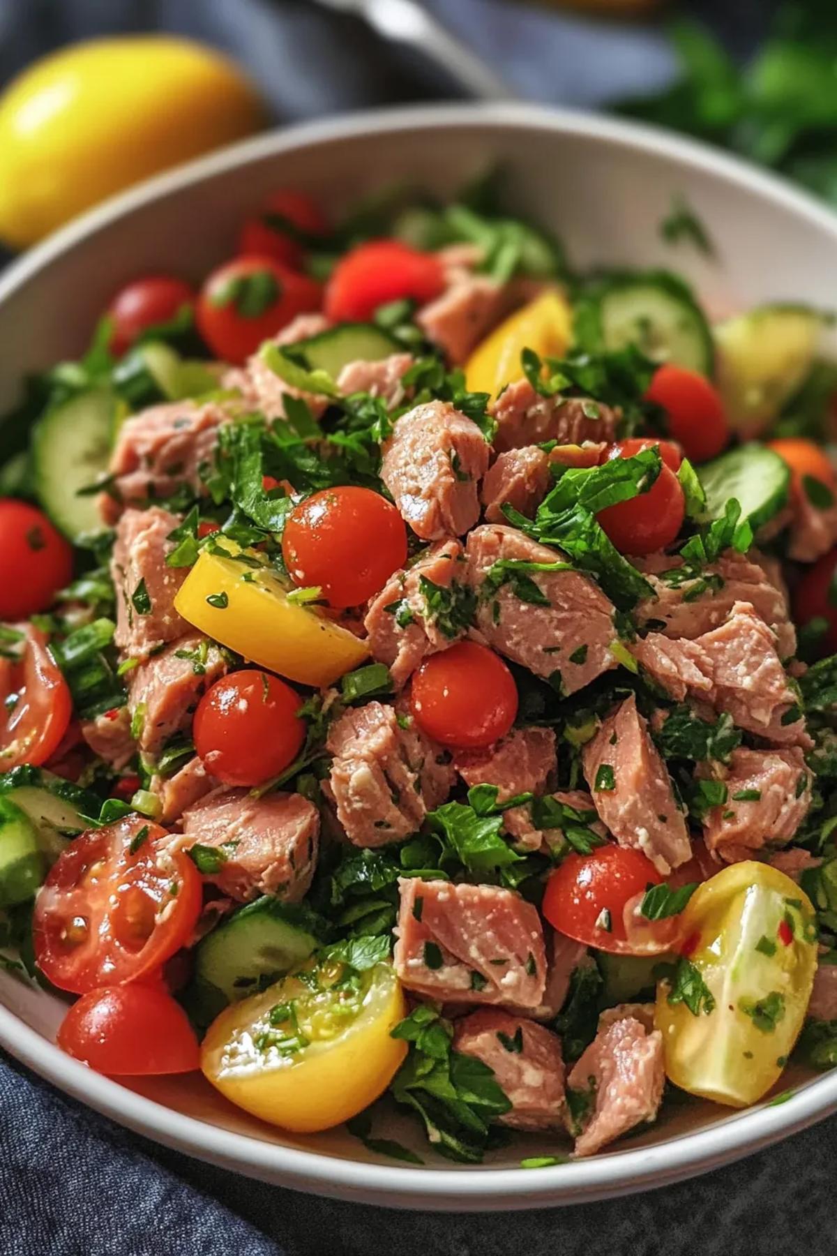 A vibrant Mediterranean tuna salad with olives, cherry tomatoes, and fresh herbs on a rustic ceramic plate. card