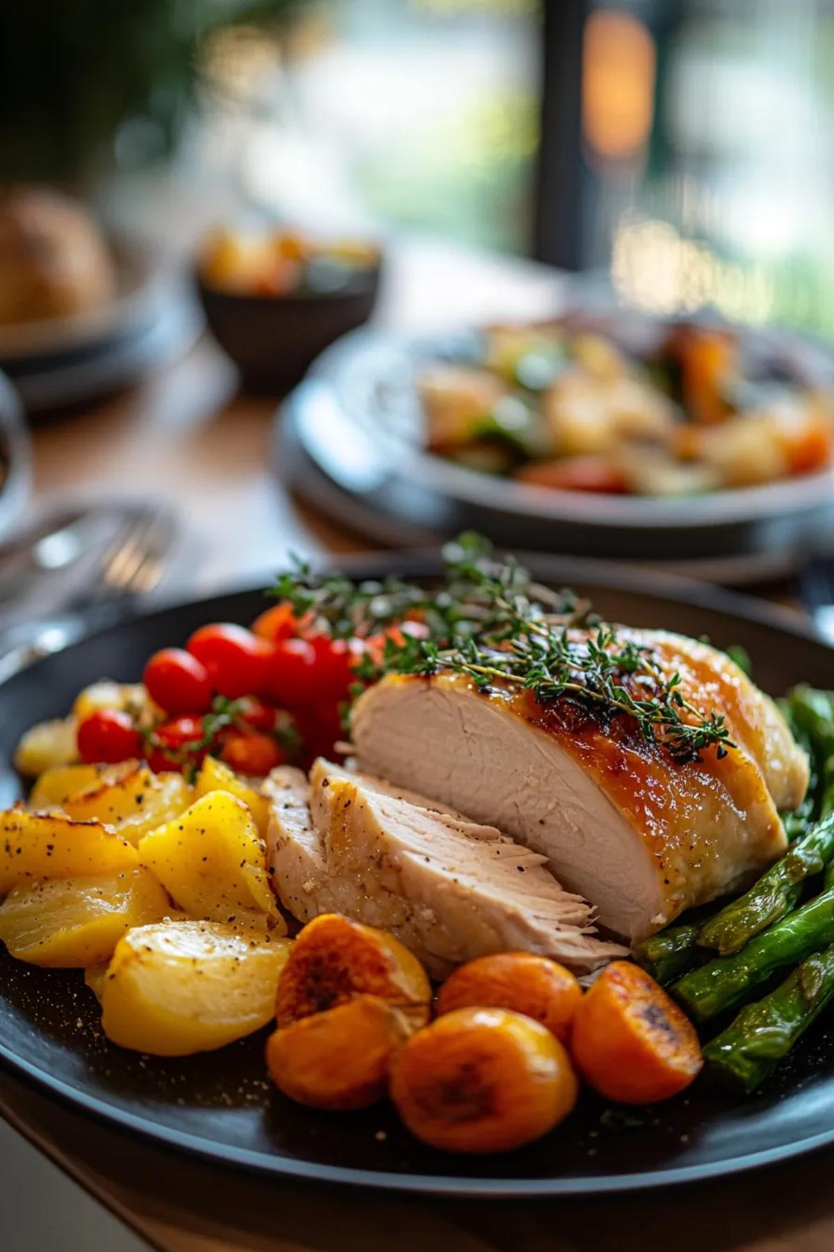 Quick turkey dinner with colorful roasted vegetables on a ceramic plate. card