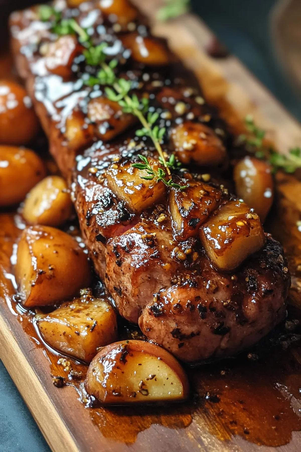 Sliced glazed pork tenderloin served with caramelized apples and garnished with fresh thyme. card