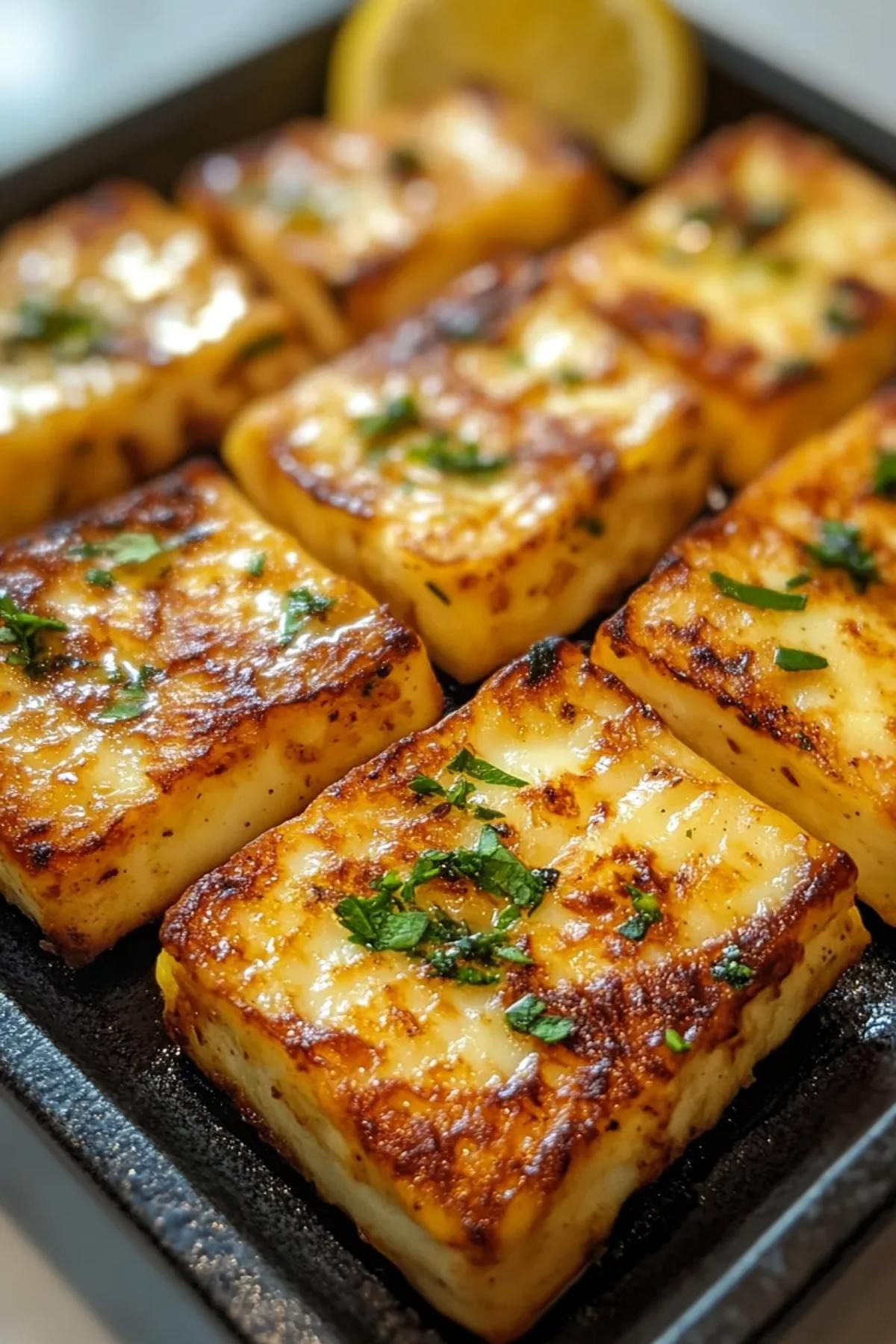 Golden, crisp air fryer halloumi cheese drizzled with zesty lemon, garnished with fresh herbs on a rustic platter. card