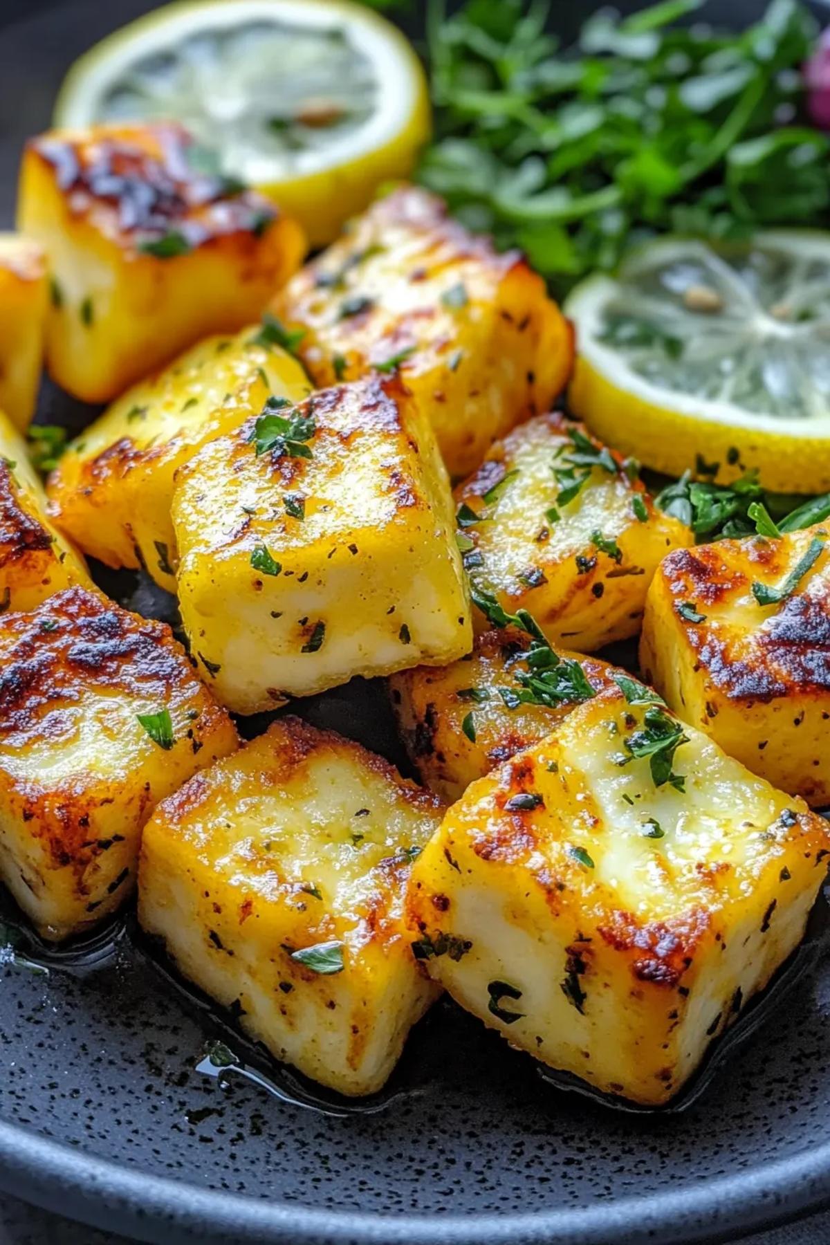 Golden, crisp air fryer halloumi cheese drizzled with zesty lemon, garnished with fresh herbs on a rustic platter.
