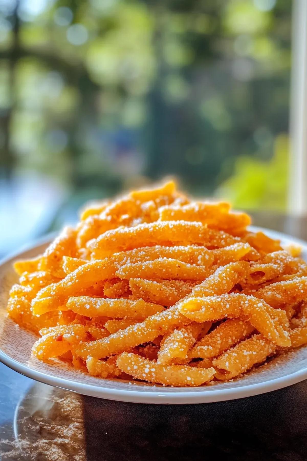 A bowl of golden crispy pasta snack glistening with olive oil, speckled with herbs and random diced vegetables, served on a rustic wooden board with a side of tangy dipping sauce