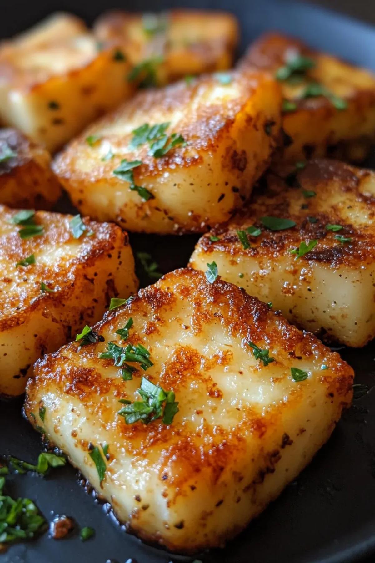 Golden fried halloumi appetizer served on a vibrant ceramic platter, garnished with fresh herbs and lemon wedges, showcasing its crispy golden brown exterior. card