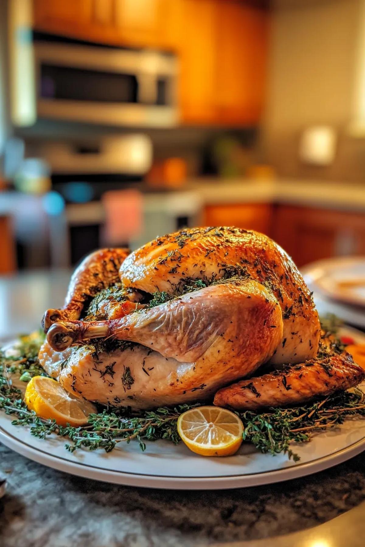 Golden herb-roasted turkey with crispy skin and fresh herbs garnishing the platter. card
