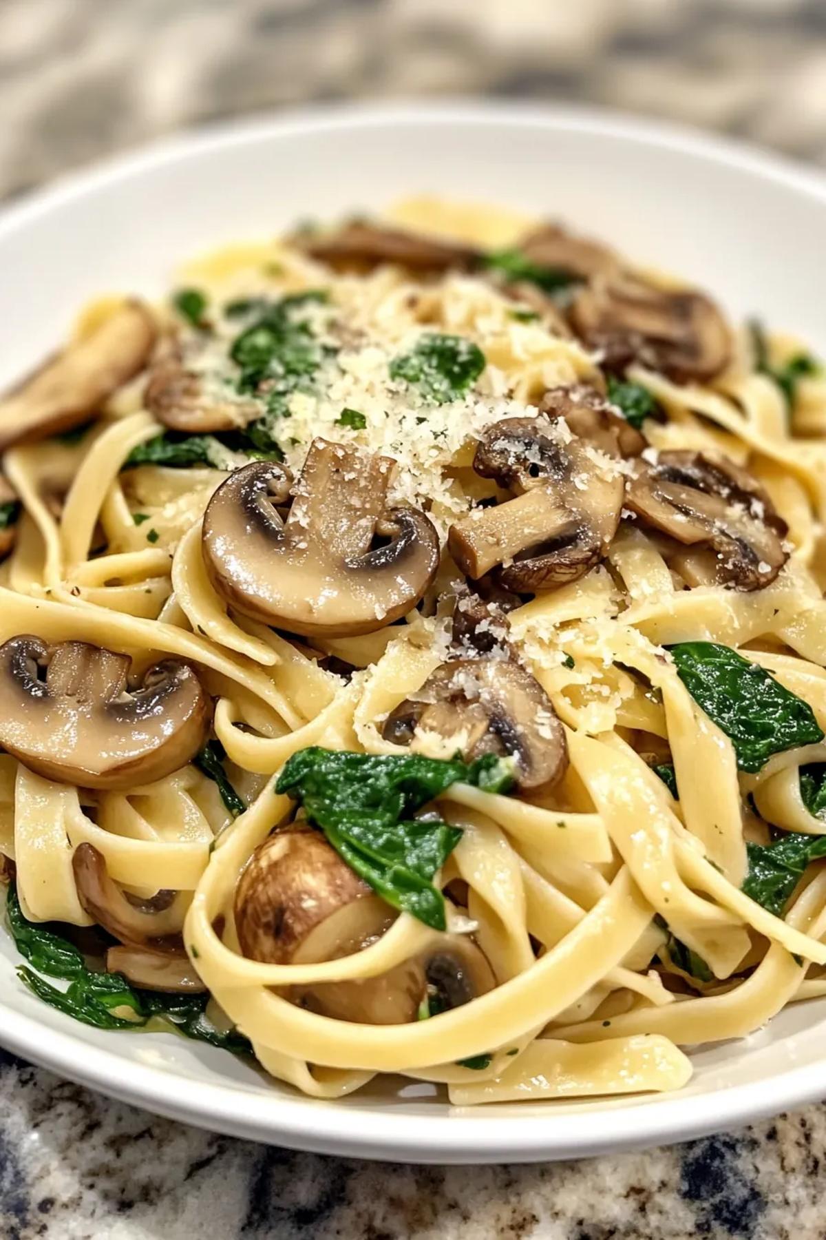 A vibrant dish of mushroom and spinach pasta garnished with parmesan and parsley in a large serving bowl. card